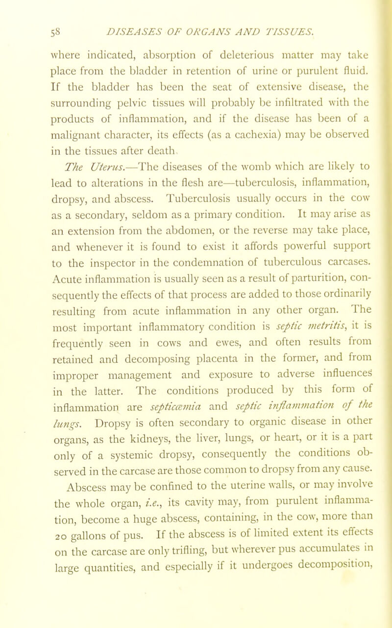 where indicated, absorption of deleterious matter may take place from the bladder in retention of urine or purulent fluid. If the bladder has been the seat of extensive disease, the surrounding pelvic tissues will probably be infiltrated with the products of inflammation, and if the disease has been of a malignant character, its effects (as a cachexia) may be observed in the tissues after death The Uterus.—The diseases of the womb which are likely to lead to alterations in the flesh are—tuberculosis, inflammation, dropsy, and abscess. Tuberculosis usually occurs in the cow as a secondary, seldom as a primary condition. It may arise as an extension from the abdomen, or the reverse may take place, and whenever it is found to exist it affords powerful support to the inspector in the condemnation of tuberculous carcases. Acute inflammation is usually seen as a result of parturition, con- sequently the effects of that process are added to those ordinarily resulting from acute inflammation in any other organ. The most important inflammatory condition is septic metritis, it is frequently seen in cows and ewes, and often results from retained and decomposing placenta in the former, and from improper management and exposure to adverse influences' in the latter. The conditions produced by this form of inflammation are septicemia and septic inflammation of the lungs. Dropsy is often secondary to organic disease in other organs, as the kidneys, the liver, lungs, or heart, or it is a part only of a systemic dropsy, consequently the conditions ob- served in the carcase are those common to dropsy from any cause. Abscess may be confined to the uterine walls, or may involve the whole organ, i.e., its cavity may, from purulent inflamma- tion, become a huge abscess, containing, in the cow, more than 20 gallons of pus. If the abscess is of limited extent its effects on the carcase are only trifling, but wherever pus accumulates in large quantities, and especially if it undergoes decomposition,