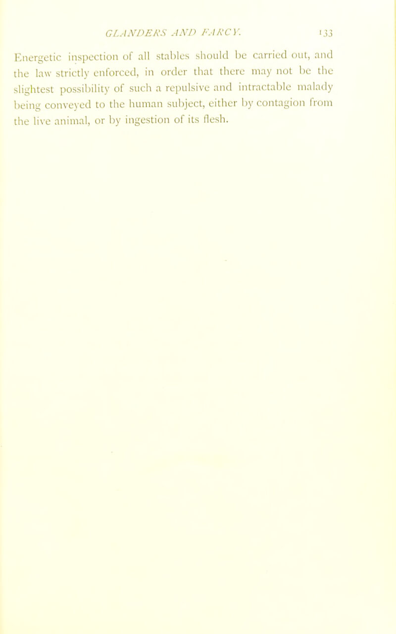 Energetic inspection of all stables should be carried out, and the law strictly enforced, in order that there may not be the slightest possibility of such a repulsive and intractable malady being conveyed to the human subject, either by contagion from the live animal, or by ingestion of its flesh.