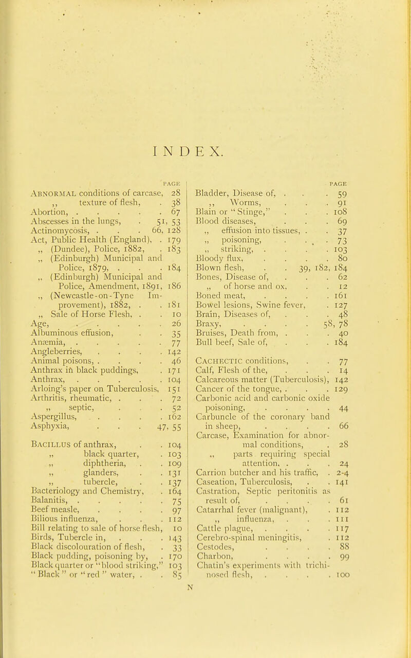 I'AGr. Abnormal conditions of carcase, 28 ,, texture of flesh, . 38 Abortion, 67 Abscesses in the lungs, . 51, 53 Actinomycosis, . . . 66, 128 Act, Public Health (England), . 179 „ (Dundee), Police, 1882, . 183 „ (Edinburgh) Municipal and Police, 1879, . . .184 ,. (Edinburgh) Municipal and Police, Amendment, 1891, 186 ,, (Newcastle-on-Tyne Im- provement), 1882, . .181 „ Sale of Horse Flesh, . .10 Age, 26 Albuminous effusion, . . 35 Ansemia, ..... 77 Angleberries, . . . .142 Animal poisons, . . . .46 Anthrax ifi black puddings, . 171 Anthrax, . . . . .104 Arloing’s paper on Tuberculosis, 151 Arthritis, rheumatic, . . .72 „ septic, . -52 Aspergillus, . . . .162 Asphyxia, ... 47, 55 Bacillus of anthrax, „ black quarter, „ diphtheria, „ glanders, „ tubercle. Bacteriology and Chemistry, Balanitis, . . . . . Beef measle, .... Bilious influenza, Bill relating to sale of horse flesh. Birds, Tubercle in, . Black discolouration of flesh. Black pudding, poisoning by, Black quarter or “blood striking,” “ Black ” or “ red ” water, . 104 103 109 131 137 164 75 97 112 10 143 33 170 103 85 PAGE Bladder, Di.sease of, . . . 59 ,, Worms, . . -91 Blain or “ Stinge,” . . . 108 Blood diseases, . . -69 ,, effusion into tissues, . . 37 „ poisoning, . • . ■ 73 „ striking 103 Bloody flux. . . . .80 Blown flesh, . . 39, 182, 184 Bones, Disease of, . . . 62 „ of horse and ox. . .12 Boned meat, .... 161 Bowel lesions. Swine fever, . 127 Brain, Diseases of, . . .48 Braxy, .... 58, 78 Bruises, Death from, . .40 Bull beef, Sale of, . . . 184 Cachuctic condition.s, . . 77 Calf, Flesh of the, . . .14 Calcareous matter (Tuberculosis), 142 Cancer of the tongue, . . .129 Carbonic acid and carbonic oxide poisoning, . . . .44 Carbuncle of the coronary band in sheep, . . . .66 Carcase, Examination for abnor- mal conditions, . 28 „ parts requiring special attention. . . .24 Carrion butcher and his traffic, . 2-4 Caseation, Tuberculosis, . . 141 Castration, Septic peritonitis as result of, .... 61 Catarrhal fever (malignant), . 112 ,, influenza, . . .111 Cattle plague, . . . • H7 Cerebro-spinal meningitis, . 112 Cestodes, . . . .88 Charbon, . . . -99 Chatin’s experiments with trichi- nosed flesh, . . . .100 N