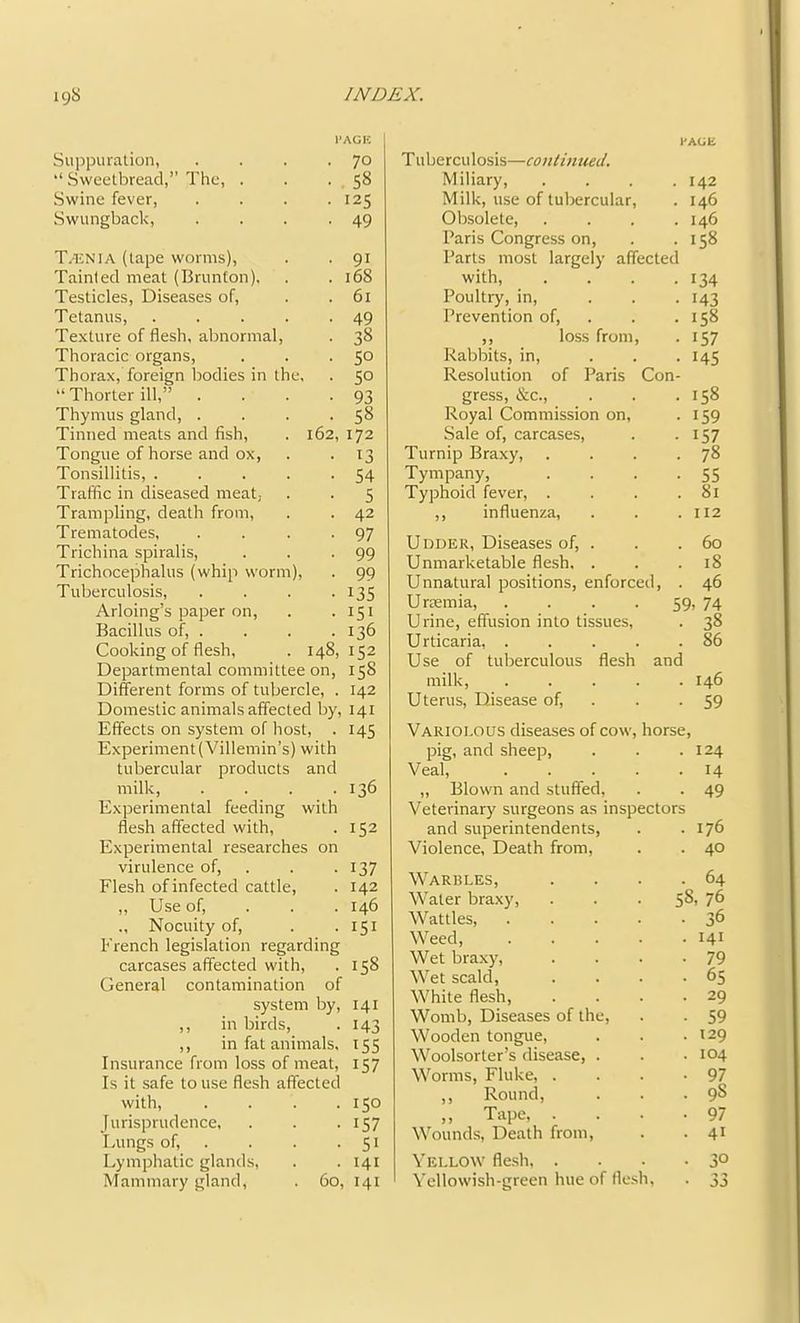 Suppuration, Sweetbread,” The, . Swine fever, Swungback, T/HNIA (tape worms), Tainted meat (BrunCon). Testicles, Diseases of. Tetanus, Texture of flesh, abnormal Thoracic organs, Thorax, foreign bodies in the, “ Thorter ill,” Thymus gland, . Tinned meats and fish. Tongue of horse and ox. Tonsillitis, . Traffic in diseased meat, Trampling, death from, Trematodes, Trichina spiralis, Trichocephalus (whip worm Tuberculosis, Arloing’s paper on. Bacillus of, . Cooking of flesh. Departmental committee on Different forms of tubercle. 162 70 . 58 125 49 91 168 61 49 38 50 SO 93 58 172 ^3 54 5 42 97 99 99 135 151 136 148, 152 158 142 Domestic animals affected by, 141 Effects on system of host, . 145 Experiment (Villemin’s) with tubercular products and milk, . . . .136 Experimental feeding with flesh affected with, . 152 Experimental researches on virulence of, . . -137 Flesh of infected cattle, . 142 ,, Use of, . . . 146 Nocuity of, . -151 French legislation regarding carcases affected with, . 158 General contamination of system by, 141 ,, in birds, . 143 ,, in fat animals, 155 Insurance from loss of meat, 157 Is it safe to use flesh affected with. . 150 Jurisprudence, • 157 Lungs of. • 51 Lymphatic glands. . 141 Mammary gland. . 60, 141 T uberculosis—continued. I'AUE Miliary, . 142 Milk, use of tubercular. . 146 Obsolete, . 146 Baris Congress on. Parts most largely affect< . 158 :d with. • 134 Poultry, in. Prevention of. • 143 . 158 ,, loss from. • 157 Rabbits, in. • 145 Resolution of Paris Con- gress, &c,. . 158 Royal Commission on. • 159 Sale of, carcases. ■ 157 Turnip Braxy, . 78 Tympany, • 55 Typhoid fever, . . 81 ,, influenza. . 112 Udder, Diseases of, . . 60 Unmarketable flesh, . . 18 Unnatural positions, enforced. . 46 Urremia, .... Urine, effusion into tissues. 59> 74 • 38 Urticaria, .... . 86 Use of tuberculous flesh and milk, .... . 146 Uterus, Disease of. • 59 Variolous diseases of cow, horse. pig, and sheep. . 124 Veal, .... ■ 14 „ Blown and stuffed. • 49 Veterinary surgeons as inspectors and superintendents. . 176 Violence, Death from. . 40 Warbles, • 64 Water braxy. 58, 76 Wattles, .... • 36 Weed, .... . 141 Wet braxy. • 79 Wet scald. • 65 White flesh. . 29 Womb, Diseases of the. • 59 Wooden tongue. . 129 Woolsorter’s disease, . . 104 Worms, Fluke, . • 97 ,, Round, . 98 ,, Tape, . • 97 Wounds, Death from. • 41 Yellow flesh. . • 30 Yellowish-green hue of flesh. • 33