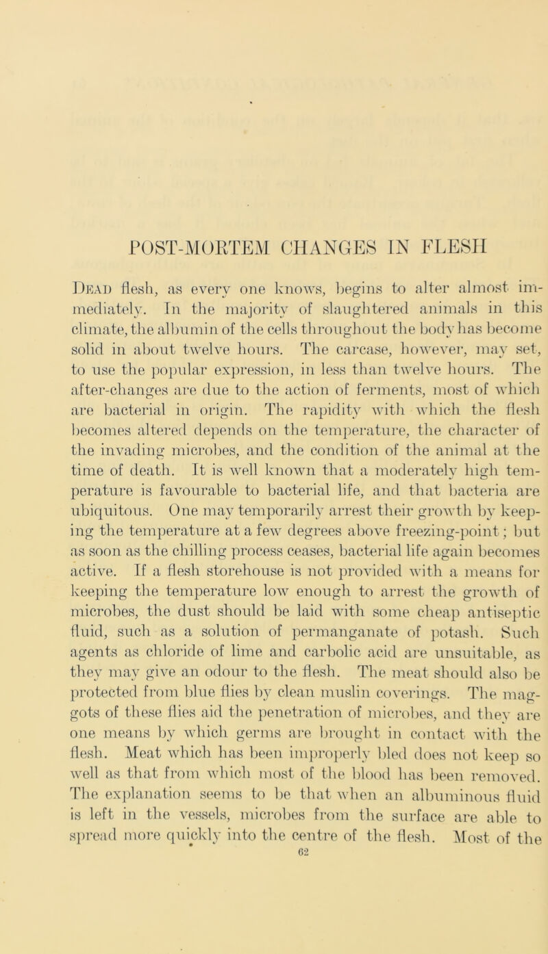 Dead flesh, as every one knows, begins to alter almost im- mediately. In the majority of slaughtered animals in this climate, the albumin of the cells throughout the body has become solid in about twelve hours. The carcase, however, may set, to use the popular expression, in less than twelve hours. The after-changes are due to the action of ferments, most of which are bacterial in origin. The rapidity with which the flesh becomes altered depends on the temperature, the character of the invading microbes, and the condition of the animal at the time of death. It is well known that a moderately high tem- perature is favourable to bacterial life, and that bacteria are ubiquitous. One may temporarily arrest their growth by keep- ing the temperature at a few degrees above freezing-point; but as soon as the chilling process ceases, bacterial life again becomes active. If a flesh storehouse is not provided with a means for keeping the temperature low enough to arrest the growth of microbes, the dust should be laid with some cheap antiseptic fluid, such as a solution of permanganate of potash. Such agents as chloride of lime and carbolic acid are unsuitable, as they may give an odour to the flesh. The meat should also be protected from blue flies by clean muslin coverings. The mag- gots of these flies aid the penetration of microbes, and they are one means by which germs are brought in contact with the flesh. Meat which has been improperly bled does not keep so well as that from which most of the blood has been removed. The explanation seems to be that when an albuminous fluid is left in the vessels, microbes from the surface are able to spread more quickly into the centre of the flesh. Most of the