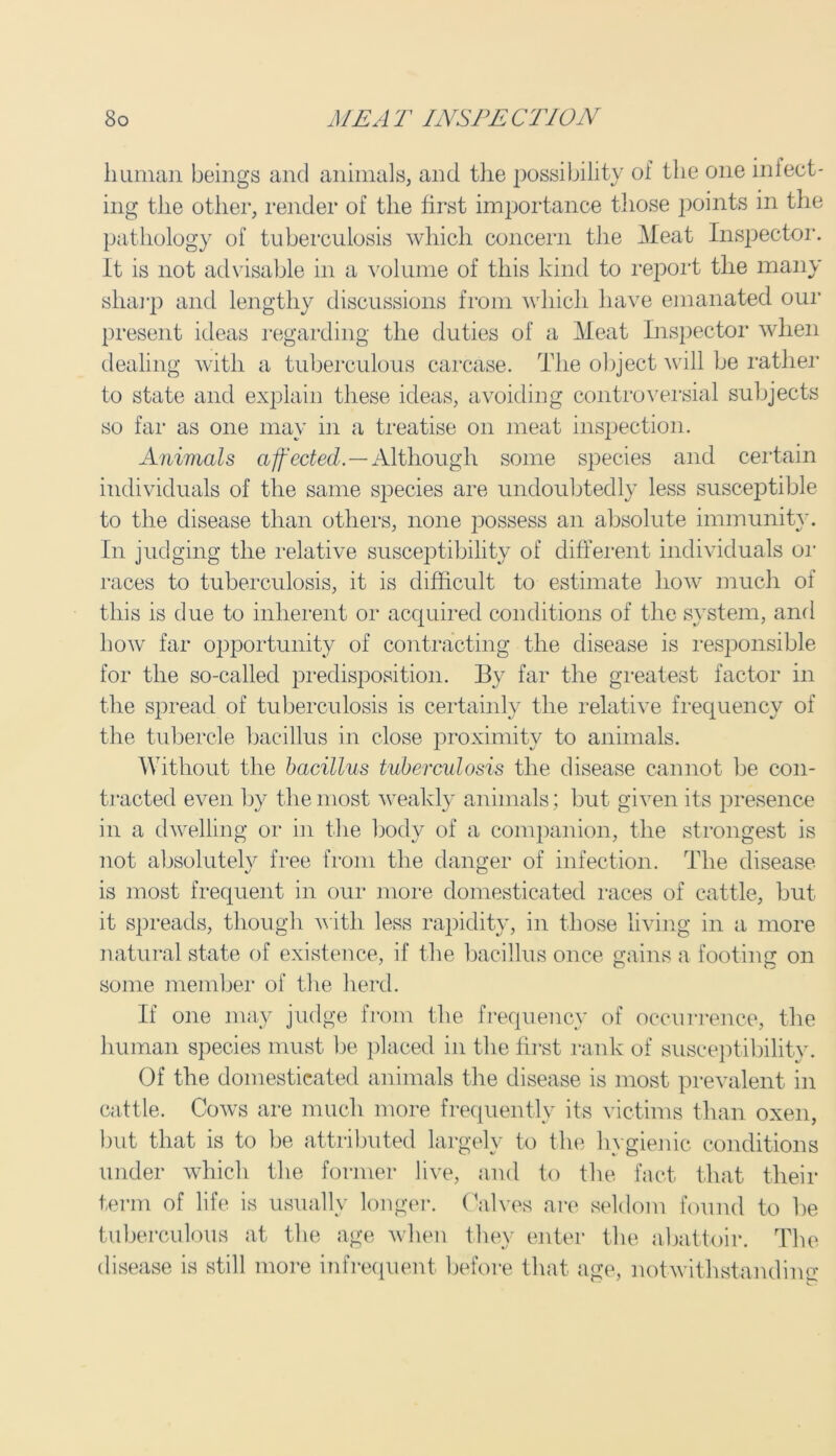 human beings and animals, and the possibility of the one inject- ing the other, render of the first importance those points in the pathology of tuberculosis which concern the Meat Inspector. It is not advisable in a volume of this kind to report the many sharp and lengthy discussions from which have emanated our present ideas regarding the duties of a Meat Inspector when dealing with a tuberculous carcase. The object will be rather to state and explain these ideas, avoiding controversial subjects so far as one may in a treatise on meat inspection. Animals affected.—Although some species and certain individuals of the same species are undoubtedly less susceptible to the disease than others, none possess an absolute immunity. In judging the relative susceptibility of different individuals or races to tuberculosis, it is difficult to estimate how much of this is due to inherent or acquired conditions of the system, and how far opportunity of contracting the disease is responsible for the so-called predisposition. By far the greatest factor in the spread of tuberculosis is certainly the relative frequency of the tubercle bacillus in close proximity to animals. Without the bacillus tuberculosis the disease cannot be con- tracted even by the most weakly animals; but given its presence in a dwelling or in the body of a companion, the strongest is not absolutely free from the danger of infection. The disease is most frequent in our more domesticated races of cattle, but it spreads, though with less rapidity, in those living in a more natural state of existence, if the bacillus once gains a footing on some member of the herd. If one may judge from the frequency of occurrence, the human species must be placed in the first rank of susceptibility. Of the domesticated animals the disease is most prevalent in cattle. Cows are much more frequently its victims than oxen, but that is to be attributed largely to the hygienic conditions under which the former live, and to the fact that their term of life is usually longer. Calves are seldom found to he tuberculous at the age when they enter the abattoir. The disease is still more infrequent before that age, notwithstanding-