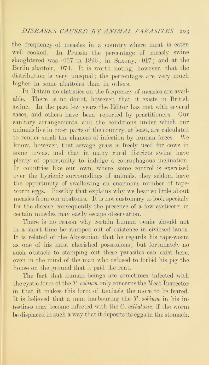 the frequency of measles in a country where meat is eaten well cooked. In Prussia the percentage of measly swine slaughtered was * 067 in 1896; in Saxony, • 017; and at the Beilin abattoir, • 074. It is worth noting, however, that the distribution is very unequal; the percentages are very much hig her in some abattoirs than in others. In Britain no statistics on the frequency of measles are avail- able. There is no doubt, however, that it exists in British swine. I11 the past few years the Editor has met with several cases, and others have been reported by practitioners. Our sanitary arrangements, and the conditions under which our animals live in most parts of the country, at least, are calculated to render small the chances of infection bv human faeces. We 1/ know, however, that sewage grass is freely used for cows in some towns, and that in many rural districts swine have plenty of opportunity to indulge a coprophagous inclination. In countries like our own, where some control is exercised over the hygienic surroundings of animals, they seldom have the opportunity of swallowing an enormous number of tape- worm eggs. Possibly that explains why we hear so little about measles from our abattoirs. It is not customary to look specially for the disease, consequently the presence of a few cystic-erci in certain muscles mav easilv escape observation. There is no reason why certain human taeniae should not in a short time be stamped out of existence in civilised lands. It is related of the Abyssinian that he regards his tape-worm as one of his most cherished possessions; but fortunately no such obstacle to stamping out these parasites can exist here, even in the mind of the man who refused to forbid his pig the house on the ground that it paid the rent. The fact that human beings are sometimes infected with the cystic form of the T. solium only concerns the Meat Inspector in that it makes this form of taeniasis the more to be feared. It is believed that a man harbouring the T. solium in his in- testines may become infected with the C. cellulosce, if the worm be displaced in such a way that it deposits its eggs in the stomach.