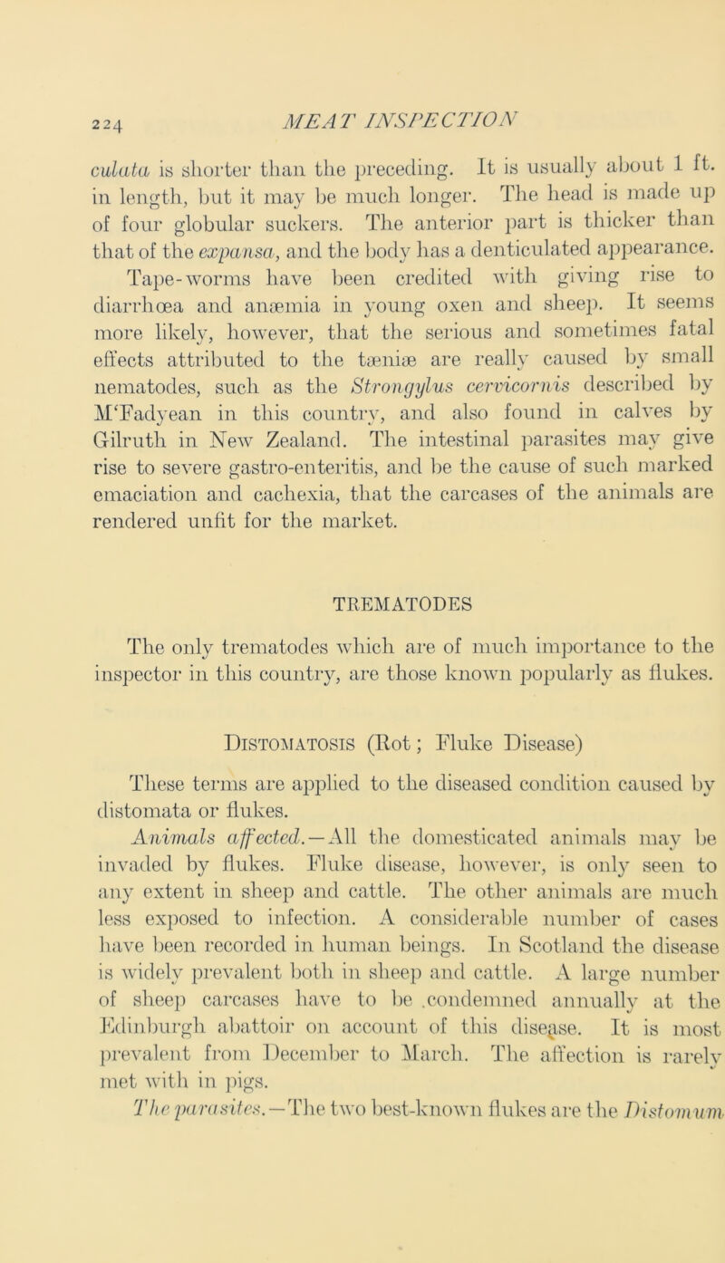 calata is shorter than the preceding. It is usually about 1 ft. in length, but it may be much longer. The head is made up of four globular suckers. The anterior part is thicker than that of the expansa, and the body has a denticulated appearance. Tape-worms have been credited with giving rise to diarrhoea and anaemia in young oxen and sheep. It seems more likely, however, that the serious and sometimes fatal effects attributed to the taeniae are really caused by small nematodes, such as the Strongylus cervicornis described by M‘Fadyean in this country, and also found in calves by G-ilruth in New Zealand. The intestinal parasites may give rise to severe gastro-enteritis, and be the cause of such marked emaciation and cachexia, that the carcases of the animals are rendered unfit for the market. TREMATODES The only trematodes which are of much importance to the inspector in this country, are those known popularly as flukes. Distomatosis (Rot; Fluke Disease) These terms are applied to the diseased condition caused by distomata or flukes. Animals affected. — All the domesticated animals may be invaded by flukes. Fluke disease, however, is only seen to any extent in sheep and cattle. The other animals are much less exposed to infection. A considerable number of cases have been recorded in human beings. In Scotland the disease is widely prevalent both in sheep and cattle. A large number of sheep carcases have to be .condemned annually at the Edinburgh abattoir on account of this disease. It is most prevalent from December to March. The affection is rarelv met with in pigs. The parasites.—The two best-known flukes are the Distomum