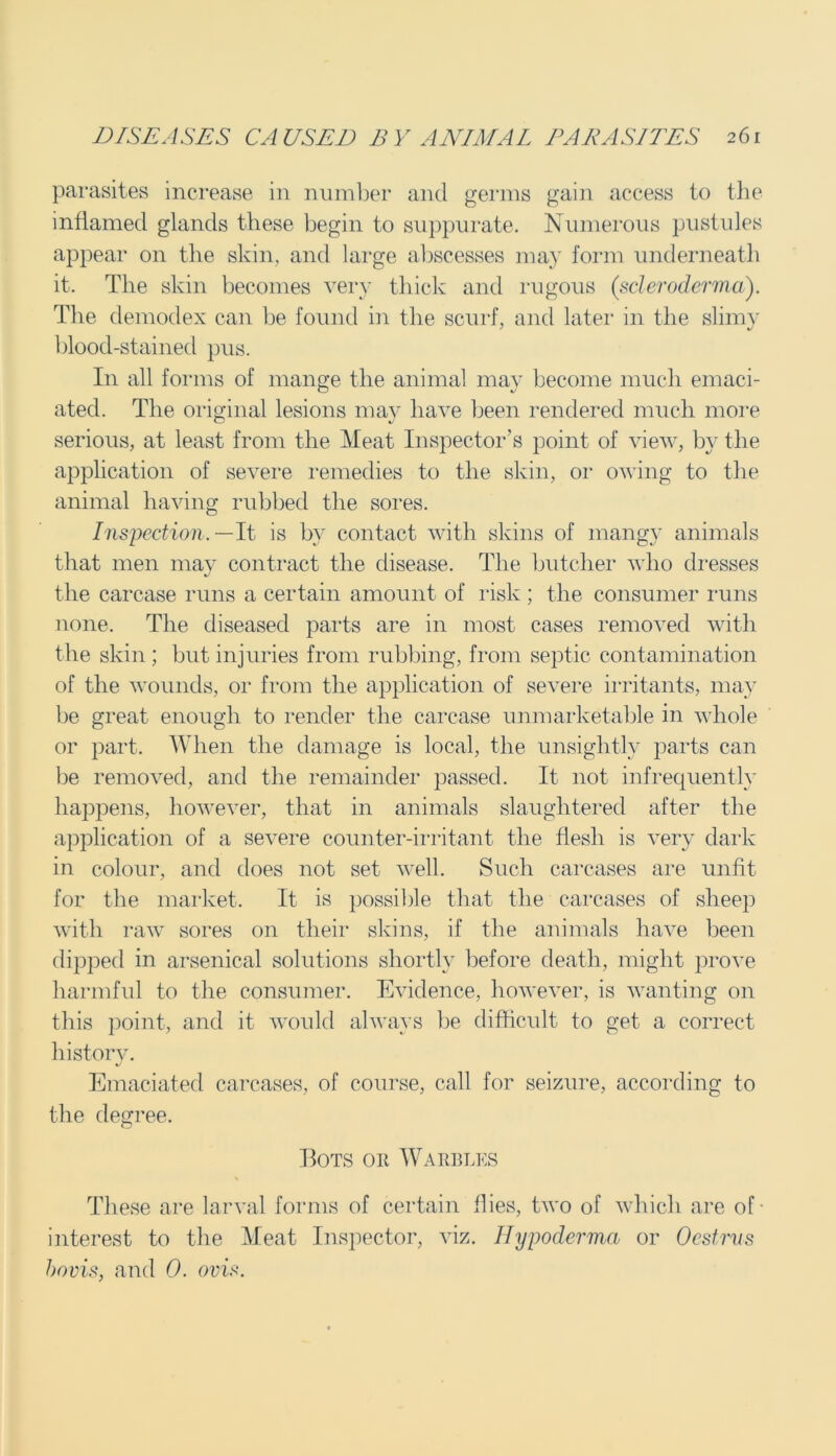 parasites increase in number and germs gain access to the inflamed glands these begin to suppurate. Numerous pustules appear on the skin, and large abscesses may form underneath it. The skin becomes very thick and rugous (scleroderma). The demodex can be found in the scurf, and later in the slimy blood-stained pus. In all forms of mange the animal may become much emaci- ated. The original lesions may have been rendered much more serious, at least from the Meat Inspector’s point of view, by the application of severe remedies to the skin, or owing to the animal having rubbed the sores. Inspection.— It is by contact with skins of mangy animals that men may contract the disease. The butcher who dresses the carcase runs a certain amount of risk ; the consumer runs none. The diseased parts are in most cases removed with the skin; but injuries from rubbing, from septic contamination of the wounds, or from the application of severe irritants, may be great enough to render the carcase unmarketable in whole or part. When the damage is local, the unsightly parts can be removed, and the remainder passed. It not infrequently happens, however, that in animals slaughtered after the application of a severe counter-irritant the flesh is very dark in colour, and does not set well. Such carcases are unfit for the market. It is possible that the carcases of sheep with raw sores on their skins, if the animals have been dipped in arsenical solutions shortly before death, might prove harmful to the consumer. Evidence, however, is wanting on this point, and it would always be difficult to get a correct history. */ Emaciated carcases, of course, call for seizure, according to the degree. Bots or Warbles * These are larval forms of certain flies, two of which are of interest to the Meat Inspector, viz. Hypoderma or Oestrus bovis, and 0. ovis.