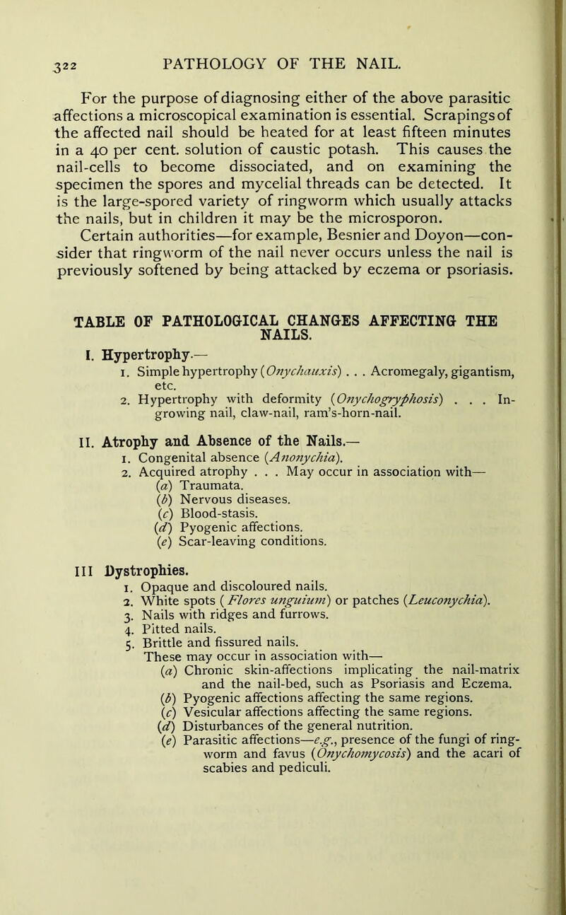 For the purpose of diagnosing either of the above parasitic affections a microscopical examination is essential. Scrapings of the affected nail should be heated for at least fifteen minutes in a 40 per cent, solution of caustic potash. This causes the nail-cells to become dissociated, and on examining the specimen the spores and mycelial threads can be detected. It is the large-spored variety of ringworm which usually attacks the nails, but in children it may be the microsporon. Certain authorities—for example, Besnierand Doyon—con- sider that ringworm of the nail never occurs unless the nail is previously softened by being attacked by eczema or psoriasis. TABLE OF PATHOLOGICAL CHANGES AFFECTING THE NAILS. I. Hypertrophy.— 1. Simple hypertrophy {Onychauxis) . . . Acromegaly, gigantism, etc. 2. Hypertrophy with deformity {Onychogryphosis) . . . In- growing nail, claw-nail, ram’s-horn-nail. II. Atrophy and Absence of the Nails.— 1. Congenital absence (Anonychia). 2. Acquired atrophy . . . May occur in association with— (1a) Traumata. \b) Nervous diseases. (c) Blood-stasis. (d) Pyogenic affections. (e) Scar-leaving conditions. Ill Dystrophies. 1. Opaque and discoloured nails. 2. White spots (Flores unguium) or patches (Leuconychia). 3. Nails with ridges and furrows. 4. Pitted nails. 5. Brittle and fissured nails. These may occur in association with— (а) Chronic skin-affections implicating the nail-matrix and the nail-bed, such as Psoriasis and Eczema. (б) Pyogenic affections affecting the same regions. (r) Vesicular affections affecting the same regions. (d) Disturbances of the general nutrition. (1e) Parasitic affections—e.g., presence of the fungi of ring- worm and favus (Onychomycosis) and the acari of scabies and pediculi.
