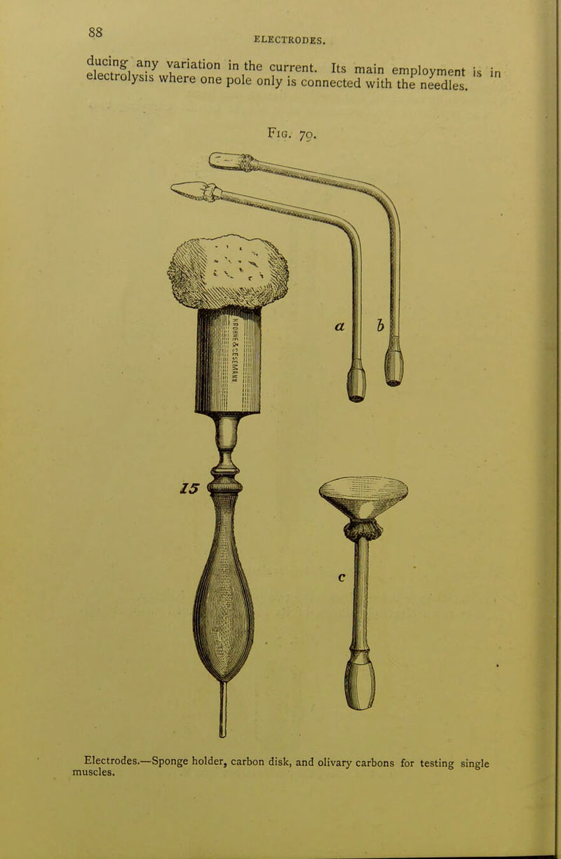 ELECTRODES. ducing any variation in the current. Its main employment is electrolysis where one pole only is connected with the nSel Fig. 70. Electrodes.—Sponge holder, carbon disk, and olivary carbons for testing single muscles.