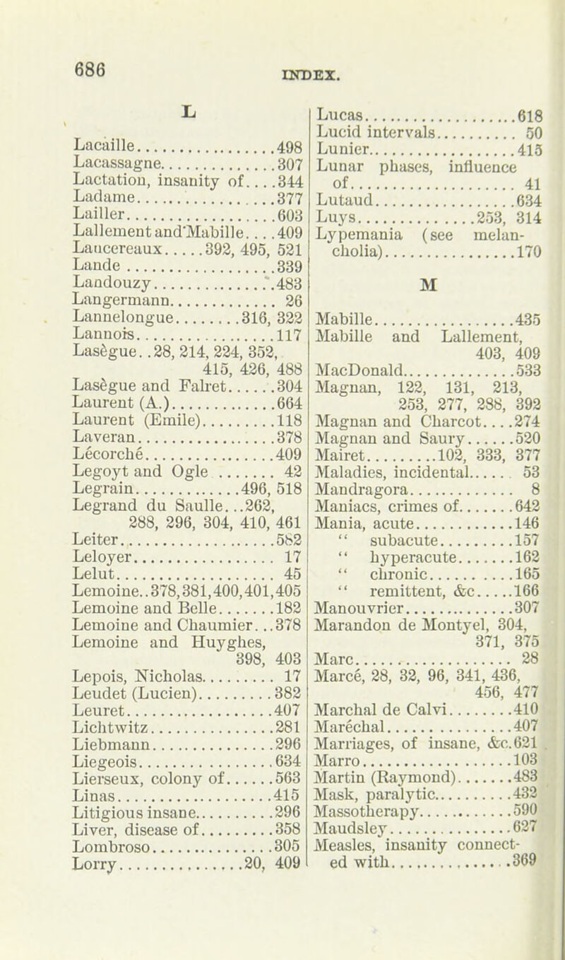 INDEX. Lacaille 498 Lacassagne 307 Lactation, insanity of 3-14 Ladame 377 Lailler 603 LallementandMabille 409 Laiicereaux 392, 495, 521 Lande 339 Landouzy .\483 Langermann 26 Lannelongue 316, 322 Lannois 117 LasSgue. .38, 214, 224, 352, 415, 426, 488 LasSgue and Falret 304 Laurent (A.) 664 Laurent (Emile) 118 Laveran 378 Lecorche 409 Legoyt and Ogle 42 Legrain 496, 518 Legrand du Saulle...262, 288, 296, 304, 410, 461 Leiter 582 Lei oyer 17 Lelut 45 Lemoine.. 378,381,400,401,405 Lemoine and Belle 182 Lemoine and Chaumier. ..378 Lemoine and Huyglies, 398, 403 Lepois, Nicholas 17 Leudet (Lucien) 382 Leuret 407 Lichtwitz 281 Liebmann 296 Liegeois 634 Lierseux, colony of 563 Linas 415 Litigious insane 296 Liver, disease of 358 Lombroso 305 Lorry 20, 409 Lucas 618 Lucid intervals 50 Lunier 415 Lunar phases, influence of 41 Lutaud 634 Luys 253, 314 Lypemauia (see melan- cholia) 170 M Mabille 435 Mabille and Lallement, 403, 409 MacDonald 533 Maguan, 122, 131, 213, 253, 277, 288, 392 Magnan and Charcot.... 274 Magnan and Saury 520 Mairet 102, 333, 377 Maladies, incidental 53 Mandragora 8 Maniacs, crimes of 642 Mania, acute 146  subacute 157  hyperacute 162  chronic 165  remittent, &c 166 Manouvrier 307 Marandon de Montyel, 304, 371, 375 Marc 28 Marce, 28, 32, 96, 341, 436, 456, 477 Marchal de Calvi 410 Marechal 407 Marriages, of insane, &C.621 Marro 103 Martin (Raymond) 483 Mask, paralytic 432 Massotherapy 590 Maudsley 627 Measles, insanity connect- ed with 369