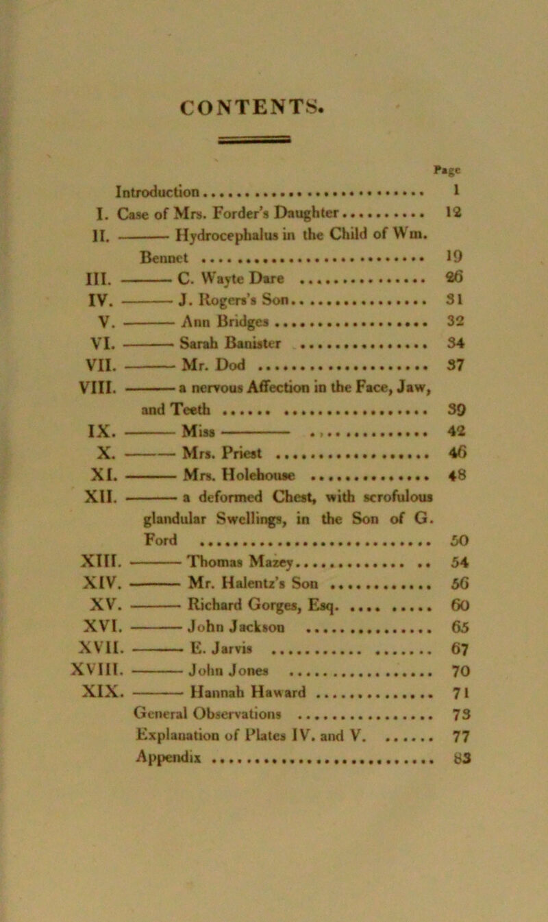CONTENTS. Page Introduction I I. Case of Mrs. Forder’s Daughter 12 II, Hydrocephalus in the Child of Wm. Bennct 19 III. C. VVayte Dare 26 IV. J. Rogen’s Son 31 V. Ann Bridges 32 VI. Sarah Banister 34 VII. Mr. Dod 37 VIII. a nervous Affection in the Face, Jaw, and Teeth 39 IX. Miss 42 X. Mrs. Priest 46 XI. Mrs. Holefaouse 48 XII. a deformed Chest, with scrofulous glandular Swellings, in the Son of G. Ford 30 XIII. Thomas Marey 54 XIV. Mr. Halentz’s Son 56 XV. Richard Gorges, Esq 60 XVI. John Jackson 65 XVII. E. Jarvis 6? XVIIl. ———John Jones 70 XIX. Hannah Haward 71 General Observations 73 Explanation of Plates IV. and V. ...... 77 Appendix 83