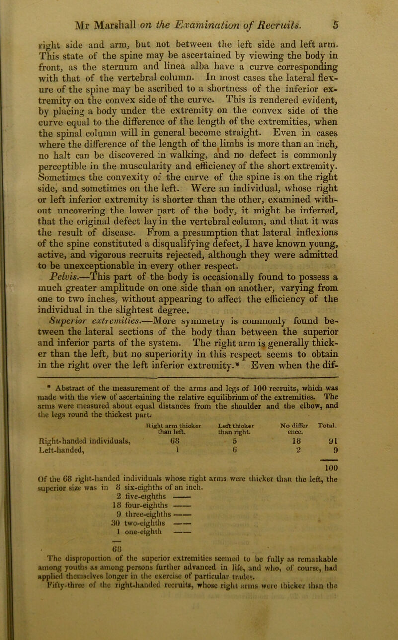 right side and arm, but not between the left side and left arm. This state of the spine may be ascertained by viewing the body in front, as the sternum and linea alba have a curve corresponding with that of the vertebral column. In most cases the lateral flex- ure of the spine may be ascribed to a shortness of the inferior ex- tremity on the convex side of the curve. This is rendered evident, by placing a body under the extremity on the convex side of the curve equal to the difference of the length of the extremities, when the spinal column will in general become straight. Even in cases where the difference of the length of the limbs is more than an inch, no halt can be discovered in walking, and no defect is commonly perceptible in the muscularity and efficiency of the short extremity. Sometimes the convexity of the curve of the spine is on the right side, and sometimes on the left. Were an individual, whose right or left inferior extremity is shorter than the other, examined with- out uncovering the lower part of the body, it might be inferred, that the original defect lay in the vertebral column, and that it was the result of disease. From a presumption that lateral inflexions of the spine constituted a disqualifying defect, I have known young, active, and vigorous recruits rejected, although they were admitted to be unexceptionable in every other respect. Pelvis.—This part of the body is occasionally found to possess a much greater amplitude on one side than on another, varying from one to two inches, without appearing to affect the efficiency of the individual in the slightest degree. Superior extremities.—More symmetry is commonly found be- tween the lateral sections of the body than between the superior and inferior parts of the system. The right arm is generally thick- er than the left, but no superiority in this respect seems to obtain in the right over the left inferior extremity.* Even when the dif- • Abstract of the measurement of the arms and legs of 100 recruits, which was made with the view of ascertaining the relative equilibrium of the extremities. The arms were measured about equal distances from the shoulder and the elbow, and the legs round the thickest part. Right arm thicker Left thicker than left. than right. Right-handed individuals, 08 5 Lett-handed, 1 6 No differ ence. 18 2 Total. yi o 100 Of the 08 right-handed individuals whose right arms were thicker than the left, the superior size was in 8 six-eighths of an inch. 2 five-eighths 18 four-eighths 9 three-eighths 30 two-eighths 1 one-cighth 08 The disproportion of the superior extremities seemed to be fully as remarkable among youths as among persons further advanced in life, and who, of course, had applied themselves longer in the exercise of particular trades. Fifty-three of the right-handed recruits, whose right arms were thicker than the