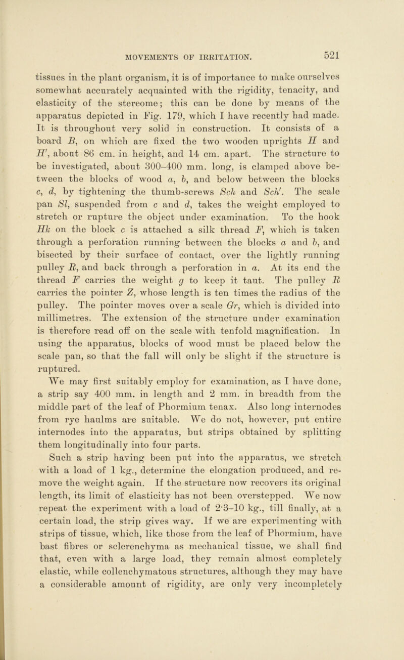tissues in the plant organism, it is of importance to make ourselves somewhat accurately acquainted with the rigidity, tenacity, and elasticity of the stereome; this can be done by means of the apparatus depicted in Fig. 179, which I have recently had made. It is throughout very solid in construction. It consists of a board B, on which are fixed the two wooden uprights II and H\ about 86 cm. in height, and 14 cm. apart. The structure to be investigated, about 300-400 mm. long, is clamped above be- tween the blocks of wood a, b, and below between the blocks c, d, by tightening the thumb-screws Sch and Schr. The scale pan SI, suspended from c and d, takes the weight employed to stretch or rupture the object under examination. To the hook Hh on the block c is attached a silk thread F, which is taken through a perforation running between the blocks a and b, and bisected by their surface of contact, over the lightly running pulley It, and back through a perforation in a. At its end the thread F carries the weight g to keep it taut. The pulley It carries the pointer Z, whose length is ten times the radius of the pulley. The pointer moves over a scale Gr, which is divided into millimetres. The extension of the structure under examination is therefore read oft on the scale with tenfold magnification. In using the apparatus, blocks of wood must be placed below the scale pan, so that the fall will only be slight if the structure is ruptured. We may first suitably employ for examination, as I have done, a strip say 400 mm. in length and 2 mm. in breadth from the middle part of the leaf of Phormium tenax. Also long internodes from rye haulms are suitable. We do not, however, put entire internodes into the apparatus, but strips obtained by splitting them longitudinally into four parts. Such a strip having been put into the apparatus, we stretch with a load of 1 kg., determine the elongation produced, and re- move the weight again. If the structure now recovers its original length, its limit of elasticity has not been overstepped. We now repeat the experiment with a load of 2‘3-K) kg., till finally, at a certain load, the strip gives way. If we are experimenting with strips of tissue, which, like those from the leaf of Phormium, have bast fibres or sclerenchyma as mechanical tissue, we shall find that, even with a large load, they remain almost completely elastic, while collenchymatous structures, although they may have a considerable amount of rigidity, are only very incompletely
