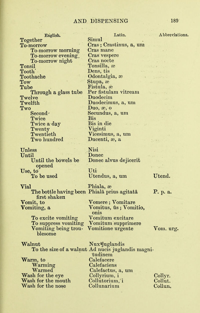 English. Together To-morrow To-morrow morning To-morrow evening. To-morrow night Tonsil Tooth' Toothache Tow Tube Through a glass tube Twelve Twelfth Two Second' Twice Twice a day Twenty- Twentieth Two hundred Latin. Simul Cras ; Crastinus, a, um Cras mane Cras vespere Cras nocte Tonsilla, se Dens, tis Odontalgia, £e Stupa, 86 Fistula, 86 Per fistulam vitream Duodecim Duodecimus, a, um Duo, 86, o Secundus, a, um Bis Bis in die Viginti Vicesimus, a, um Ducenti, 86, a Abbreviations. Unless Until Until the bowels be opened Use, to To be used .Nisi Donee Donee alvus dejicerit Uti Utendus, a, um Utend. Vial Phiala, se The bottle having been PhialS. prius agitata P. p. a. first shaken Vomit, to Vomere ; Vomitare Vomiting, a Vomitus, ts ; Vomitio, onis To excite vomiting Vomitum excitare To suppress vomiting Vomitum supprimere Vomiting being trou- Vomitione urgente Vom. ur< blesome Walnut Nux*juglandis To the size of a walnut Ad nucis juglandis magni- tudinem Warm, to Warming Warmed Wash for the eye Wash for the mouth Wash for the nose Calefacere Calefaciens Calefactus, a, um Collyrium, i Collutorium,' 1 Collunarium Collyr. Collut. CoUun,
