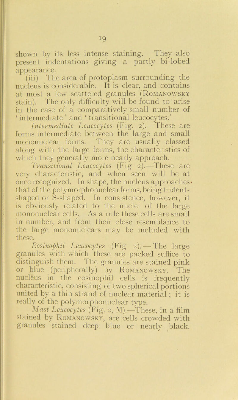 shown by its less intense staining. They also present indentations giving a partly bi-lobed appearance. (iii) The area of protoplasm surrounding the nucleus is considerable. It is clear, and contains at most a few scattered granules (Romanowsky stain). The only difficulty will be found to arise in the case of a comparatively small number of ‘ intermediate ’ and ‘ transitional leucocytes.’ Intermediate Leucocytes (Fig. 2).—These are forms intermediate between the large and small mononuclear forms. They are usually classed along with the large forms, the characteristics of which they generally more nearly approach. Transitional Leucocytes (Fig 2).—These are very characteristic, and when seen will be at once recognized. In shape, the nucleus approaches* that of the polymorphonuclear forms, being trident- shaped or S-shaped. In consistence, however, it is obviously related to the nuclei of the large mononuclear cells. As a rule these cells are small in number, and from their close resemblance to the large mononuclears may be included with these. Eosinophil Leucocytes (Fig 2). — The large granules with which these are packed suffice to distinguish them. The granules are stained pink or blue (peripherally) by Romanowsky. The nucleus in the eosinophil cells is frequently characteristic, consisting of two spherical portions united by a thin strand of nuclear material ; it is really of the polymorphonuclear type. Mast Leucocytes (Fig. 2, M).—These, in a film stained by Romanowsky, are cells crowded with granules stained deep blue or nearly black.
