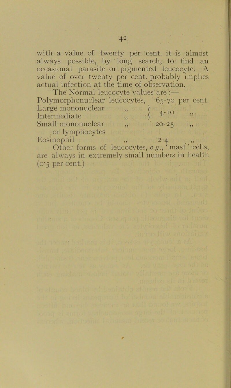 with a value of twenty per cent, it is almost always possible, by long search, to find an occasional parasite or pigmented leucocyte. A value of over twenty per cent, probably implies actual infection at the time of observation. The Normal leucocyte values are :— Polymorphonuclear leucocytes, 65-7° Per cent- t Large mononuclear Intermediate Small mononuclear or lymphocytes Eosinophil Other forms of 4-10 20-25 2-4 leucocytes, e.g., 1 mast ’ cells, are always in extremely small numbers in health (o*5 per cent.)