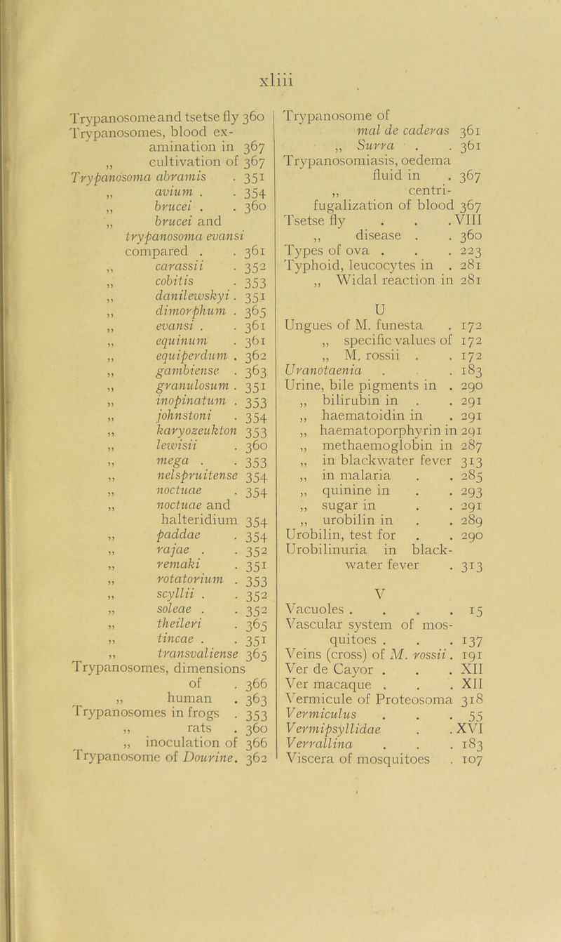 Trypanosome and tsetse fly 360 Trypanosomes, blood ex- amination in 367 „ cultivation of 367 Trypanosoma abramis . 351 „ avium . . 354 „ brucei . .360 „ brucei and trypanosoma evansi compared . -361 ,, carassii . 352 „ cobitis . 353 „ dcinilewskyi. 351 „ dimorphum . 365 „ evansi . -361 „ equinum . 361 „ equiperdum . 362 „ gambiense . 363 ,, granulosum . 351 „ inopinatum . 353 „ johnstoni . 354 ,, karyoseukton 353 „ lewisii . 360 » mega ■ • 353 „ nelspruitense 354 „ noctuae . 354 „ noctuae and halteridium 354 ,, paddae „ rajae . „ remaki „ rotatorium „ scyllii . „ soleae . „ theileri „ tincae . „ transvaliense 365 Trypanosomes, dimensions of . 366 „ human . 363 Trypanosomes in frogs . 353 „ rats . 360 ,, inoculation of 366 Trypanosome of Dourine. 362 354 352 351 353 352 352 365 35i Trypanosome of mal de caderas 361 ,, Surra . .3b1 Trypanosomiasis, oedema fluid in . 367 ,, centri- fugalization of blood 367 Tsetse fly . . .VIII ,, disease . . 360 Types of ova . . . 223 Typhoid, leucocytes in . 281 „ Widal reaction in 281 U Ungues of M. funesta , 172 „ specific values of 172 ,, M, rossii . .172 Uranotaenia . .183 Urine, bile pigments in . 290 „ bilirubin in . . 291 „ haematoidin in . 291 ,, haematoporphyrin in 291 ,, methaemoglobin in 287 ,, in blackwater fever 313 ,, in malaria • • 285 ,, quinine in • 293 ,, sugar in . 291 ,, urobilin in . 289 Urobilin, test for . 290 Urobilinuria in black- water fever . 313 V Vacuoles . . . .15 Vascular system of mos- quitoes . . .137 Veins (cross) of M. rossii . 191 Ver de Cayor . . . XII Ver macaque . . .XII Vermicule of Proteosoma 318 Vermiculus . . -55 Vermipsyllidae . . XVI Verrallina . . .183 Viscera of mosquitoes . 107