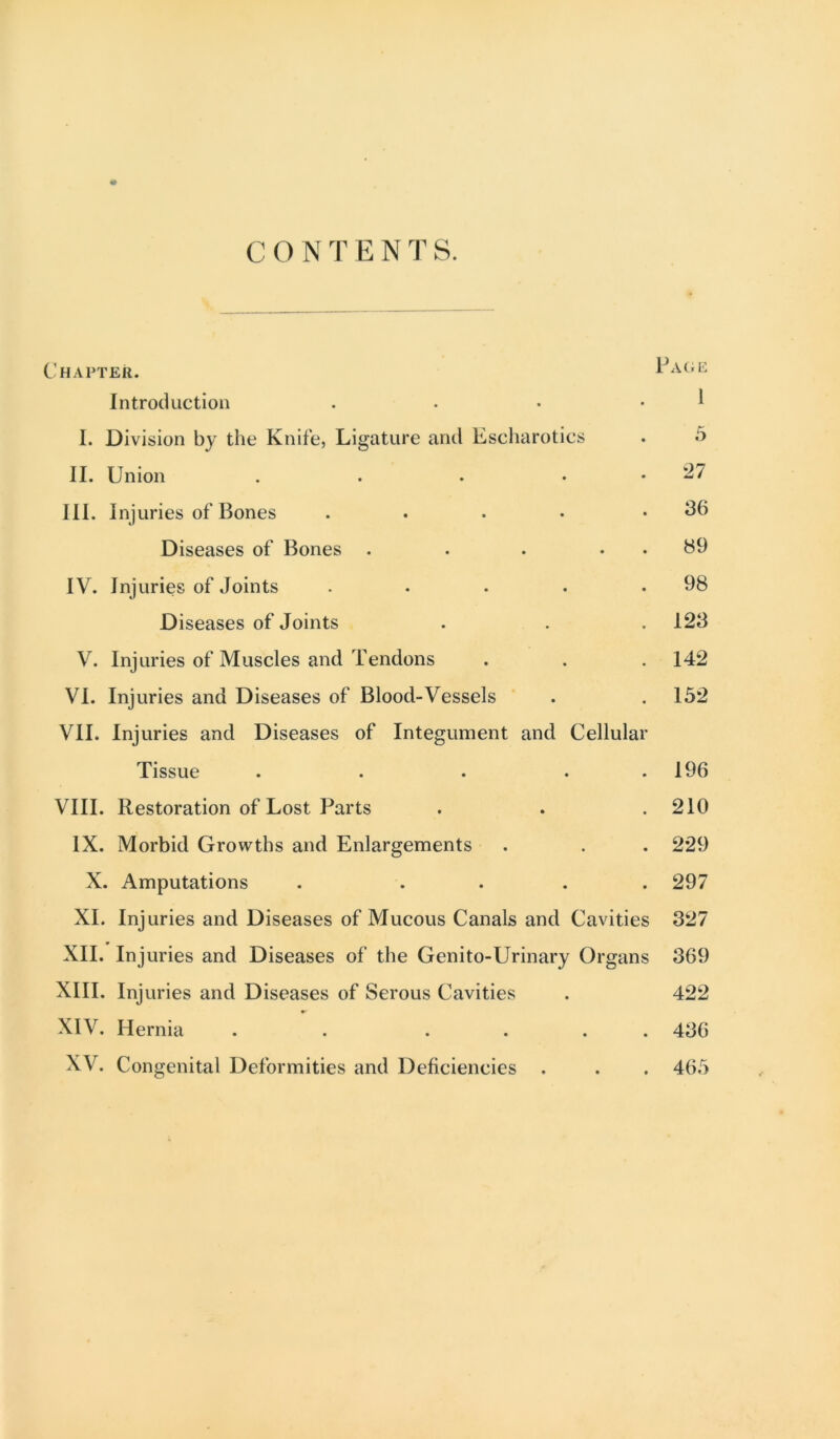 C O N T E N S. Chapter. Pa(.e Introduction . . • • ^ I. Division by the Knife, Ligature and Escliarotics . 5 II. Union . . . . . 27 III. Injuries of Bones . . • • .36 Diseases of Bones . . . . . 89 IV. Injuries of Joints . . . . .98 Diseases of Joints . . . 123 V. Injuries of Muscles and Tendons . . .142 VI. Injuries and Diseases of Blood-Vessels . . 152 VII. Injuries and Diseases of Integument and Cellular Tissue . . . . .196 VIII. Restoration of Lost Parts . . .210 IX. Morbid Growths and Enlargements . . . 229 X. Amputations . .... 297 XI. Injuries and Diseases of Mucous Canals and Cavities 327 XII. Injuries and Diseases of the Genito-Urinary Organs 369 XIII. Injuries and Diseases of Serous Cavities . 422 XIV. Hernia . . .... 436 XV. Congenital Deformities and Deficiencies . . . 465