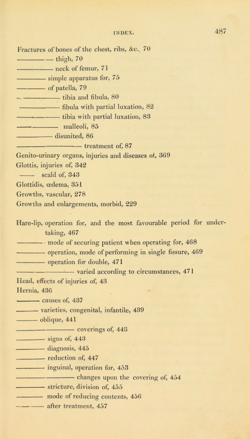 Fractures of bones of the chest, ribs, &c., 70 thigh, 70 neck of femur, 71 simple apparatus for, 75 of patella, 79 tibia and fibula, 80 fibula with partial luxation, 82 — tibia with partial luxation, 83 malleoli, 85 disunited, 86 — treatment of, 87 Genito-urinary organs, injuries and diseases of, 369 Glottis, injuries of, 342 scald of, 343 Glottidis, oedema, 351 Growths, vascular, 278 Growths and enlargements, morbid, 229 Hare-lip, operation for, and the most favourable period for under- taking, 467 mode of securing patient when operating for, 468 operation, mode of performing in single fissure, 469 operation for double, 471 varied according to circumstances, 471 Flead, effects of injuries of, 43 Hernia, 436 causes of, 437 varieties, congenital, infantile, 439 oblique, 441 coverings of, 443 signs of, 443 diagnosis, 445 reduction of, 447 inguinal, operation for, 453 changes upon the covering of, 454 stricture, division of, 455 mode of reducing contents, 456 — after treatment, 457