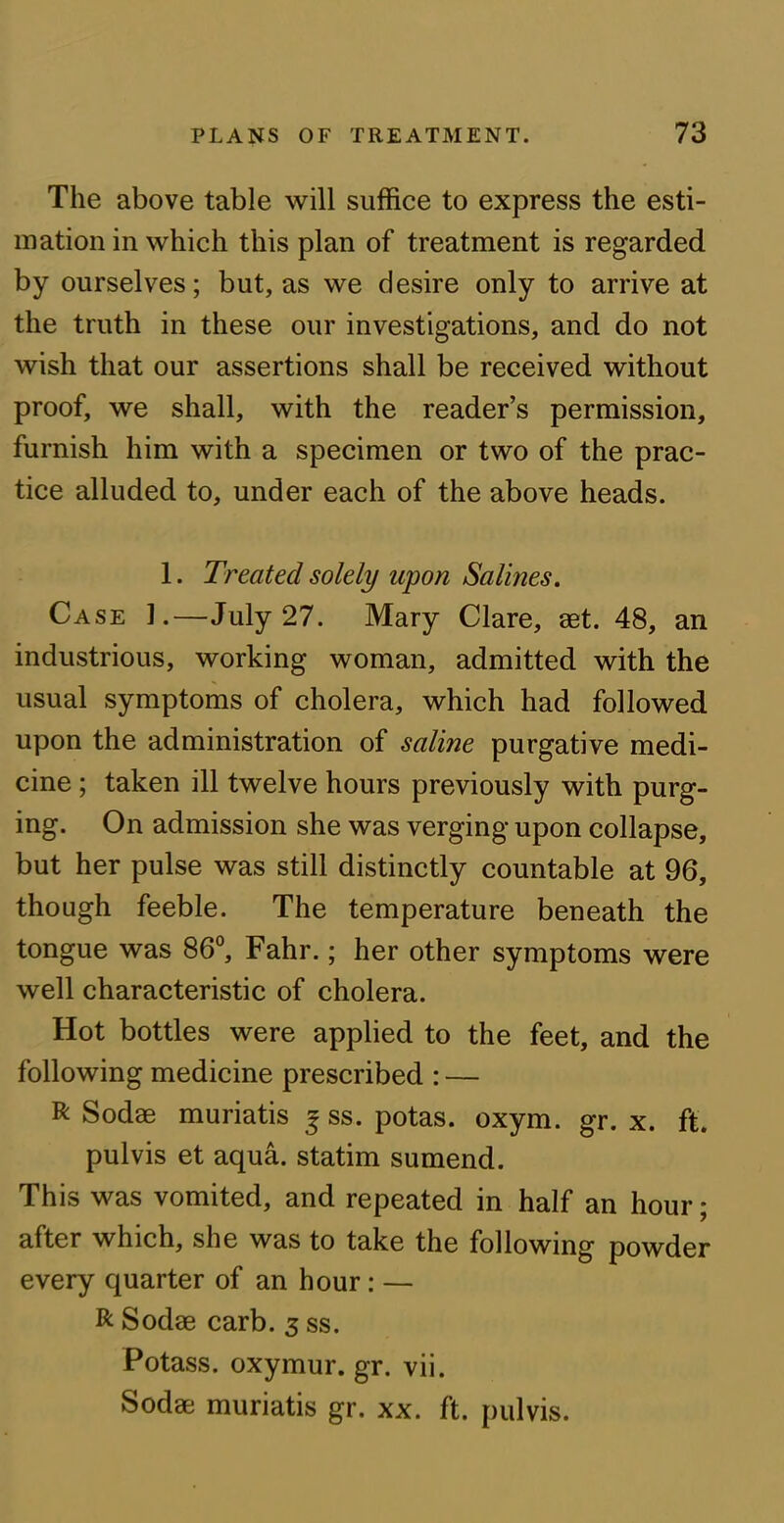 The above table will suffice to express the esti- mation in which this plan of treatment is regarded by ourselves; but, as we desire only to arrive at the truth in these our investigations, and do not wish that our assertions shall be received without proof, we shall, with the reader’s permission, furnish him with a specimen or two of the prac- tice alluded to, under each of the above heads. 1. Treated solely upon Salines. Case ].—July 27. Mary Clare, aet. 48, an industrious, working woman, admitted with the usual symptoms of cholera, which had followed upon the administration of saline purgative medi- cine ; taken ill twelve hours previously with purg- ing. On admission she was verging upon collapse, but her pulse was still distinctly countable at 96, though feeble. The temperature beneath the tongue was 86°, Fahr.; her other symptoms were well characteristic of cholera. Hot bottles were applied to the feet, and the following medicine prescribed : — R Sodae muriatis | ss. potas. oxym. gr. x. ft. pulvis et aqua, statim sumend. This was vomited, and repeated in half an hour; after which, she was to take the following powder every quarter of an hour : — R Sodae carb. 3 ss. Potass, oxymur. gr. vii. Sodae muriatis gr. xx. ft. pulvis.