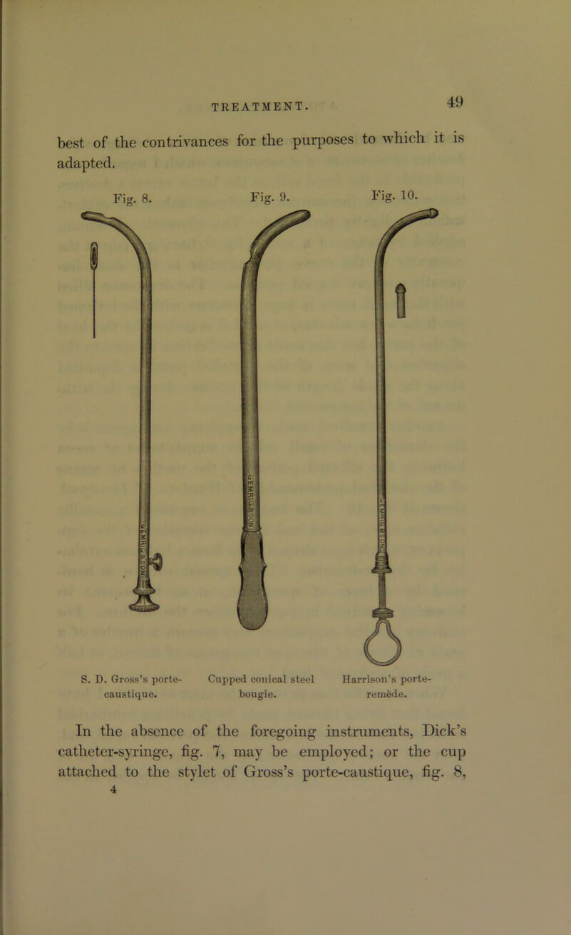 best of the contrivances for the purposes to which it is adapted. Fig. 8. S. D. Gross’s porte- caustique. Fig. 9. cr. m I I O' a Cupped conical steel bougie. Harrison’s porte- remede. In the absence of the foregoing instruments, Dick’s catheter-syringe, fig. 7, may be employed; or the cup attached to the stylet of Gross’s porte-caustique, fig. 8, 4