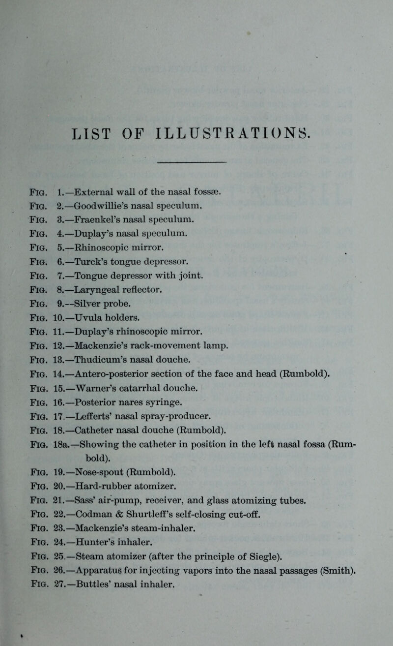 LIST OF ILLUSTRATIONS. Fig. 1.—External wall of the nasal fossae. Fig. 2.—Goodwillie’s nasal speculum. Fig. 3.—Fraenkel’s nasal speculum. Fig. 4.—Duplay’s nasal speculum. Fig. 5.—Rhinoscopic mirror. Fig. 6.—Turck’s tongue depressor. Fig. 7.—Tongue depressor with joint. Fig. 8.—Laryngeal reflector. Fig. 9.—Silver probe. Fig. 10.—Uvula holders. Fig. 11.—Duplay’s rhinoscopic mirror. Fig. 12.—Mackenzie’s rack-movement lamp. Fig. 13.—Thudicum’s nasal douche. Fig. 14.—Antero-posterior section of the face and head (Rumbold). Fig. 15.—Warner’s catarrhal douche. Fig. 16.—Posterior nares syringe. Fig. 17.—Lefferts’ nasal spray-producer. Fig. 18.—Catheter nasal douche (Rumbold). Fig. 18a.—Showing the catheter in position in the left nasal fossa (Rum- bold). Fig. 19.—Nose-spout (Rumbold). Fig. 20.—Hard-rubber atomizer. Fig. 21.—Sass’ air-pump, receiver, and glass atomizing tubes. Fig. 22.—Codman & Shurtleff’s self-closing cut-off. Fig. 23.—Mackenzie’s steam-inhaler. Fig. 24.—Hunter’s inhaler. Fig. 25.—Steam atomizer (after the principle of Siegle). Fig. 26.—Apparatus for injecting vapors into the nasal passages (Smith). Fig. 27.—Buttles’ nasal inhaler.