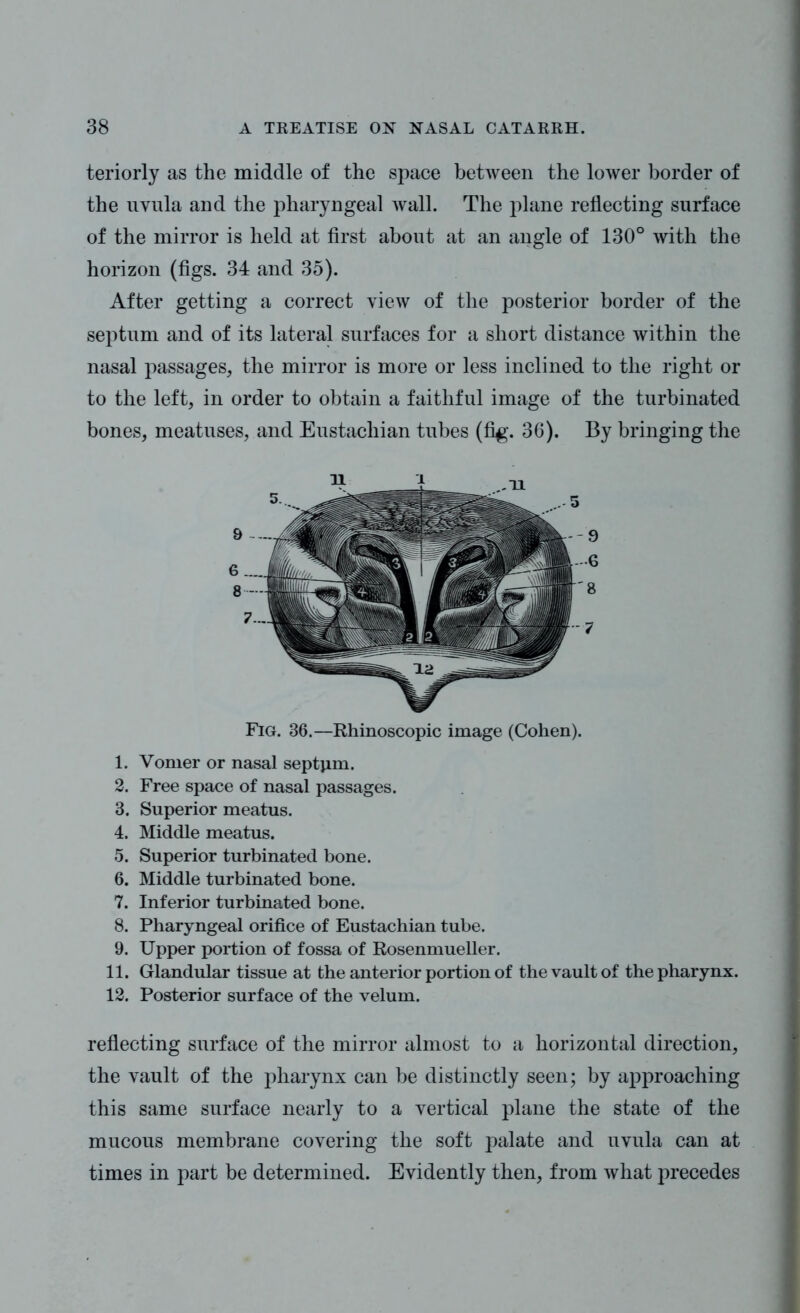 teriorly as the middle of the space between the lower border of the uvula and the pharyngeal wall. The plane reflecting surface of the mirror is held at first about at an angle of 130° with the horizon (figs. 34 and 35). After getting a correct view of the posterior border of the septum and of its lateral surfaces for a short distance within the nasal passages, the mirror is more or less inclined to the right or to the left, in order to obtain a faithful image of the turbinated bones, meatuses, and Eustachian tubes (fig. 36). By bringing the Fig. 36.—Rhinoscopic image (Cohen). 1. Vomer or nasal septjim. 2. Free space of nasal passages. 3. Superior meatus. 4. Middle meatus. 5. Superior turbinated bone. 6. Middle turbinated bone. 7. Inferior turbinated bone. 8. Pharyngeal orifice of Eustachian tube. 9. Upper portion of fossa of Rosenmueller. 11. Glandular tissue at the anterior portion of the vault of the pharynx. 12. Posterior surface of the velum. reflecting surface of the mirror almost to a horizontal direction, the vault of the pharynx can be distinctly seen; by approaching this same surface nearly to a vertical plane the state of the mucous membrane covering the soft palate and uvula can at times in part be determined. Evidently then, from what precedes
