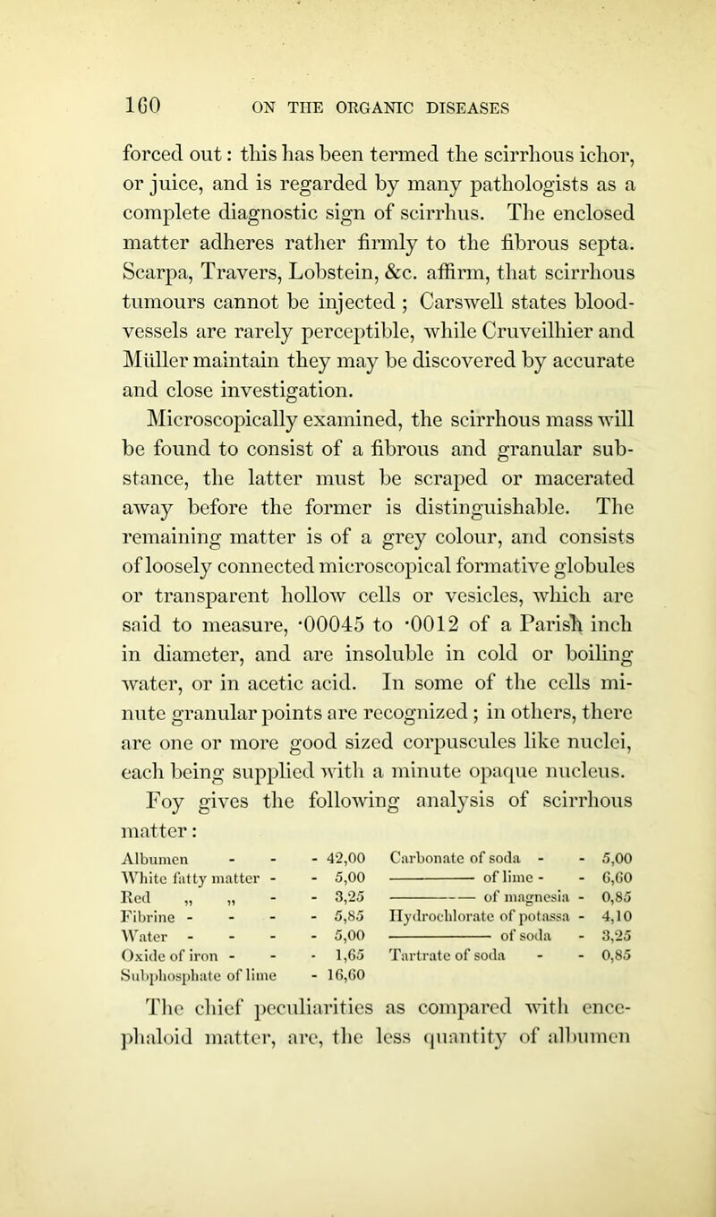 forced out: tliis lias been termed the scirrhous ichor, or juice, and is regarded by many pathologists as a complete diagnostic sign of scirrhus. The enclosed matter adheres rather firmly to the fibrous septa. Scarpa, Travers, Lobstein, &c. affirm, that scirrhous tumours cannot be injected ; Carswell states blood- vessels are rarely perceptible, while Cruveilhier and Muller maintain they may be discovered by accurate and close investigation. Microscopically examined, the scirrhous mass will be found to consist of a fibrous and granular sub- stance, the latter must be scraped or macerated away before the former is distinguishable. The remaining matter is of a grey colour, and consists of loosely connected microscopical formative globules or transparent hollow cells or vesicles, which are said to measure, ’00045 to ’0012 of a Parish inch in diameter, and are insoluble in cold or boiling water, or in acetic acid. In some of the cells mi- nute granular points are recognized; in others, there are one or more good sized corpuscules like nuclei, each being supplied with a minute opaque nucleus. Toy gives the following analysis of scirrhous matter: Albumen - 42,00 Carbonate of soda - 5,00 White fatty matter - - 5,00 of lime - 6,60 Heel „ - 3,25 of magnesia - 0,85 Fibrine - - - - 5,85 Ilydroclilorate of potassa - 4,10 Water - - 5,00 of soda 3,25 Oxide of iron - - 1,65 Tartrate of soda 0,85 Subphosphate of lime - 16,60 The chief peculiarities as compared with ence- phaloid matter, are, the less quantity of albumen