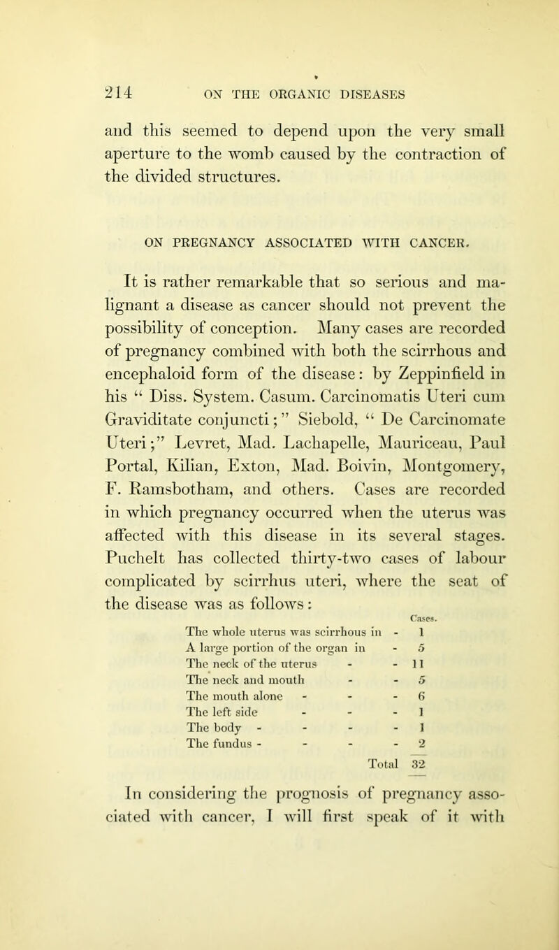 and this seemed to depend upon the very small aperture to the womb caused by the contraction of the divided structures. ON PREGNANCY ASSOCIATED WITH CANCER. It is rather remarkable that so serious and ma- lignant a disease as cancer should not prevent the possibility of conception. Many cases are recorded of pregnancy combined with both the scirrhous and encephaloid form of the disease: by Zeppinfield in his u Diss. System. Casum. Carcinomatis Uteri cum Graviditate conjuncti; ” Siebold, “ De Carcinomate Uteri;” Levret, Mad. Lachapelle, Mauriceau, Paul Portal, Ivilian, Exton, Mad. Boivin, Montgomery, F. Ramsbotham, and others. Cases are recorded in which pregnancy occurred when the uterus was affected with this disease in its several stages. Puchelt has collected thirty-two cases of labour complicated by scirrhus uteri, where the seat of the disease was as follows: Cases. The whole uterus was scirrhous in - 1 A large portion of the organ in - 5 The neck of the uterus - - 11 The neck and mouth - -5 The mouth alone - - 6 The left side - - - 1 The body - - - - I The fundus - - - - 2 Total 32 In considering the prognosis of pregnancy asso- ciated with cancer, 1 will first speak of it with