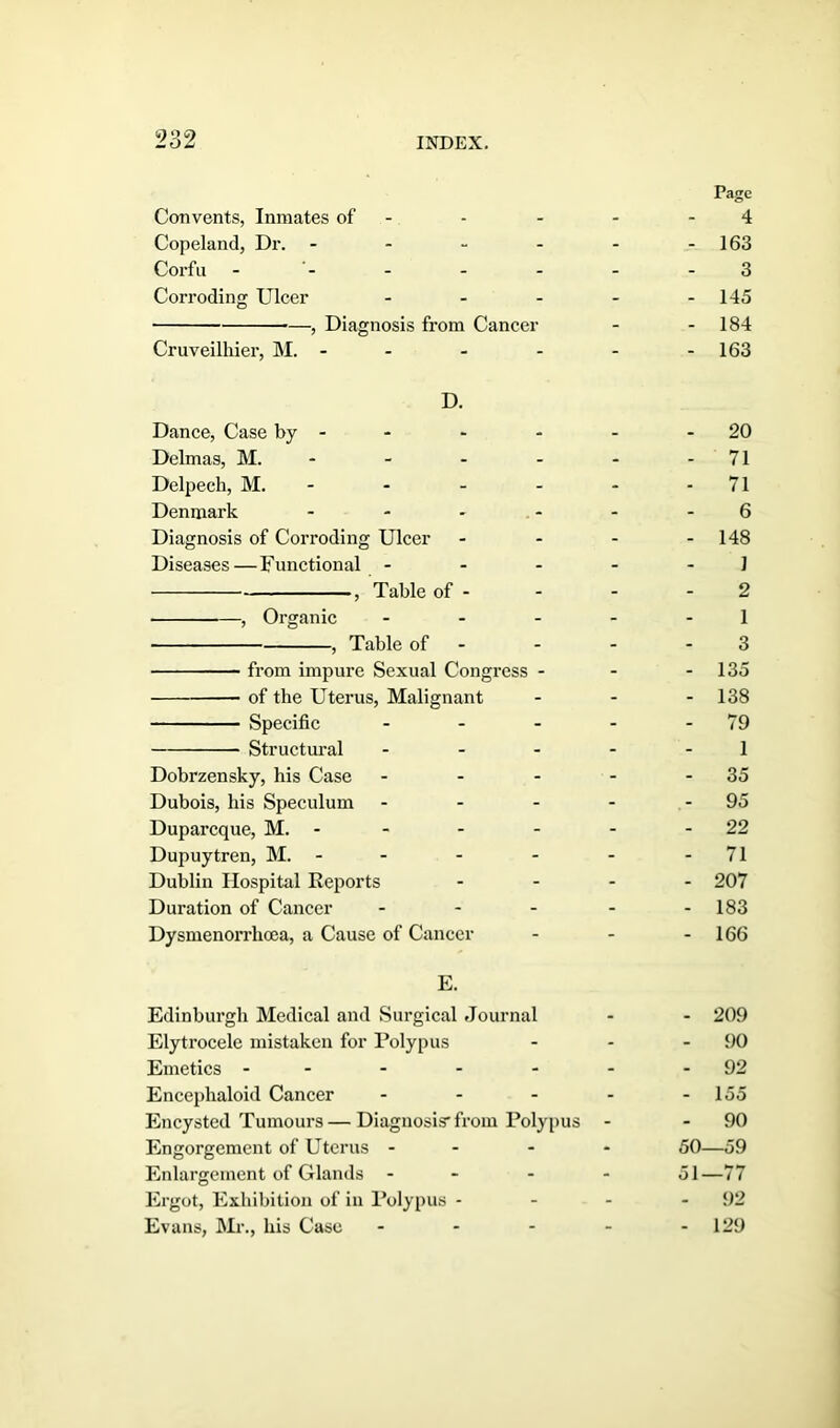 Page Convents, Inmates of - - - - 4 Copeland, Dr. - - - - - -163 Corfu - - - - - - 3 Corroding Ulcer - - - - 145 Diagnosis from Cancer - - 184 Cruveilhier, M. - - - - - - 163 D. Dance, Case by - - - - 20 Delmas, M. - - - - - 71 Delpech, M. - - - - 71 Denmark ...... 6 Diagnosis of Corroding Ulcer - - - 148 Diseases — Functional - - - - 1 , Table of - - - - 2 , Organic - - - - - 1 , Table of - - - 3 from impure Sexual Congress - - - 135 of the Uterus, Malignant - - - 138 Specific - - - - - 79 Structural ..... l Dobrzensky, his Case - - - - - 35 Dubois, his Speculum - - - - - 95 Duparcque, M. - - - - - 22 Dupuytren, M. - - - - - - 71 Dublin Hospital Reports .... 207 Duration of Cancer ..... 183 Dysmenorrhoea, a Cause of Cancer - - - 166 E. Edinburgh Medical and Surgical Journal - - 209 Elytrocele mistaken for Polypus - - 90 Emetics - - - - - -92 Encephaloid Cancer - - - - 155 Encysted Tumours—Diagnosis-from Polypus - 90 Engorgement of Uterus - 50—59 Enlargement of Glands ... - 51—77 Ex-got, Exhibition of in Polypus - - - 92 Evans, Mr., his Case - - - - 129
