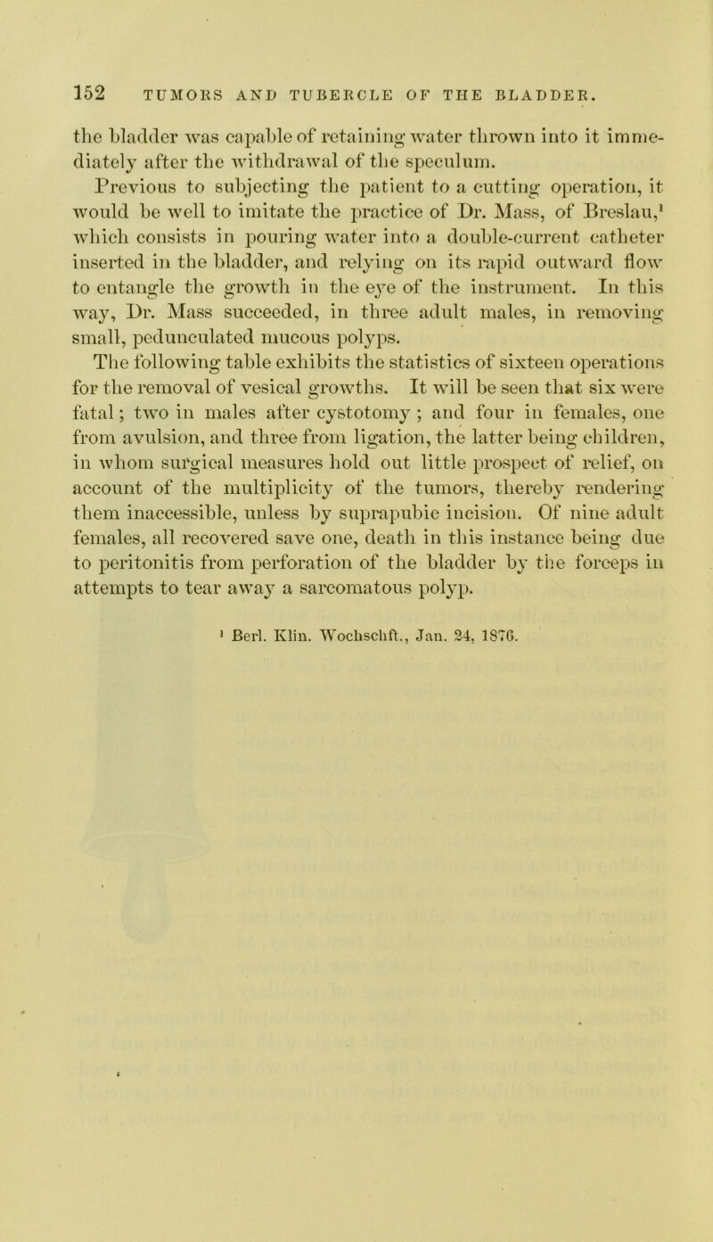 the bladder was capal)leof retaining water thrown into it imnie- diatelj after the withdrawal of the speculum. Previous to subjecting the patient to a cutting operation, it would be well to imitate the practice of Dr. Mass, of Breslau,* which consists in pouring water into a double-current catheter inserted in the bladder, and relying on its rapid outward flow to entangle the growth in the eye of the instrument. In this way, Dr. Mass succeeded, in three adult males, in removing small, pedunculated mucous polyps. The following table exhibits the statistics of sixteen operations for the removal of vesical growths. It will be seen that six were fatal; two in males after cystotomy ; and four in females, one from avulsion, and three from ligation, the latter being children, in whom surgical measures hold out little prospect of relief, on account of the multiplicity of the tumors, thereby rendering them inaccessible, unless by suprapubic incision. Of nine adult females, all recovered save one, death in this instance being due to peritonitis from perforation of the bladder by the forceps in attempts to tear away a sarcomatous polyp. * Berl. Klin. Woclischft,, Jan. 24, 1876.