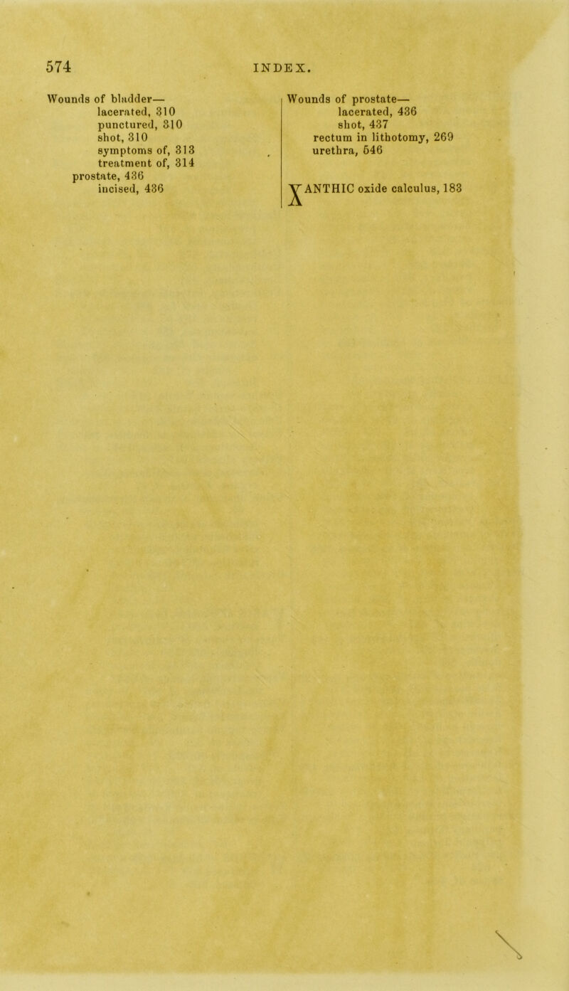 Wounds of bladder— lacerated, 310 punctured, 810 shot, 310 symptoms of, 313 treatment of, 314 prostate, 436 incised, 436 Wounds of prostate— lacerated, 436 shot, 437 rectum in lithotomy, 269 urethra, 646 ^ANTHIC oxide calculus, 183