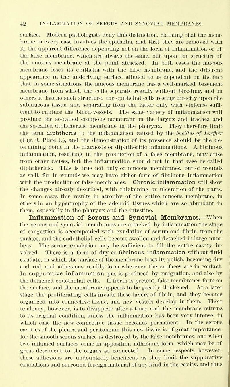 surface. Modern pathologists deny this distinction, claiming that the mem- brane in every case involves the epithelia, and that they are removed with it, the apparent difference depending not on the form of inflammation or of the false membrane, which are always the same, but upon the structure of the mucous membrane at the point attacked. In both cases the mucous membrane loses its epithelia with the false membrane, and the different appearance in the underlying surface alluded to is dependent on the fact that in some situations the mucous membrane has a well-marked basement membrane from which the cells separate readily without bleeding, and in others it has no such structure, the epithelial cells resting directly upon the submucous tissue, and separating from the latter only with violence suffi- cient to rupture the blood-vessels. The same variety of inflammation will produce the so-called croupous membrane in the larynx and trachea and the so-called diphtheritic membrane in the pharynx. They therefore limit the term diphtheria to the inflammation caused by the bacillus of Loeffler (Fig. 9, Plate I.), and the demonstration of its presence should be the de- termining point in the diagnosis of diphtheritic inflammations. A fibrinous inflammation, resulting in the production of a false membrane, may arise from other causes, but the inflammation should not in that case be called diphtheritic. This is true not only of mucous membranes, but of wounds as well, for in wounds we may have either form of fibrinous inflammation with the production of false membranes. Chronic inflammation will show the changes already described, with thickening or ulceration of the parts. In some cases this results in atrophy of the entire mucous membrane, in others in an hypertrophy of the adenoid tissues which are so abundant in them, especially in the pharynx and the intestine. Inflammation of Serous and Synovial Membranes—When the serous and synovial membranes are attacked by inflammation the stage of congestion is accompanied with exudation of serum and fibrin from the surface, and the endothelial cells become swollen and detached in large num- bers. The serous exudation may be sufficient to fill the entire cavity in- volved. There is a form of dry or fibrinous inflammation without fluid exudate, in which the surface of the membrane loses its polish, becoming dry and red, and adhesions readily form wherever the surfaces are in contact. In suppurative inflammation pus is produced by emigration, and also by the detached endothelial cells. If fibrin is present, false membranes form on the surface, and the membrane appears to be greatly thickened. At a later stage the proliferating cells invade these layers of fibrin, and they become organized into connective tissue, and new vessels develop in them. Their tendency, however, is to disappear after a time, and the membrane returns to its original condition, unless the inflammation has been very intense, in which case the new connective tissue becomes permanent. In the serous cavities of the pleura and peritoneum this new tissue is of great importance, for the smooth serous surface is destroyed by the false membranes, and when two inflamed surfaces come in apposition adhesions form which may be of great detriment, to the organs so connected. In some respects, however, these adhesions are undoubtedly beneficent, as they limit the suppurative exudations and surround foreign material of any kind in the cavity, and thus