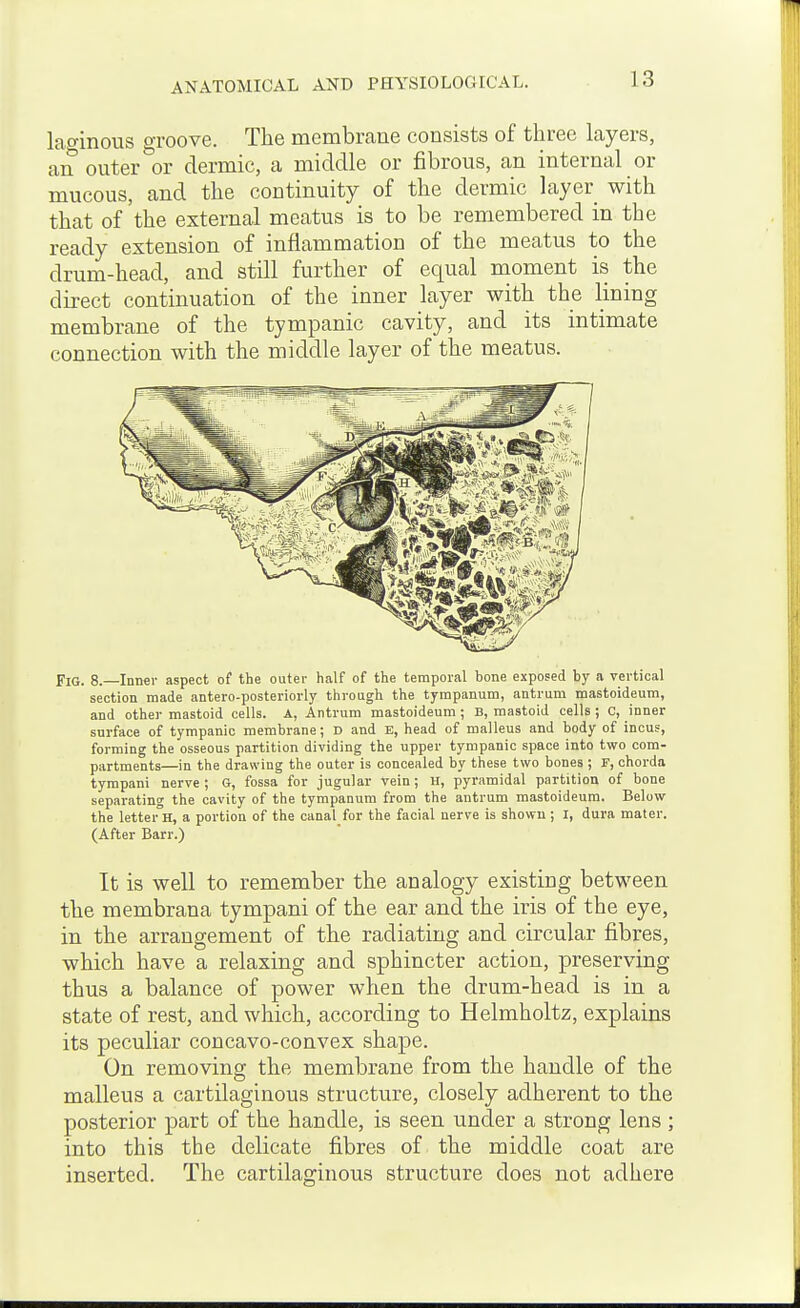 lao-inous o-roove. Tlie membraue consists of three layers, an outer'or dermic, a middle or fibrous, an internal or mucous, and the continuity of the dermic layer with that of the external meatus is to be remembered in the ready extension of inflammation of the meatus to the drum-head, and still further of equal moment is the direct continuation of the inner layer with the lining membrane of the tympanic cavity, and its intimate connection with the middle layer of the meatus. Fig. 8.—Inner aspect of the outer half of the temporal bone exposed by a vertical section made antero-posteriorly through the tympanum, antrum mastoideum, and other mastoid cells. A, Antrum mastoideum; B, mastoid cells ; C, inner surface of tympanic membrane; D and E, head of malleus and body of incus, forming the osseous partition dividing the upper tympanic space into two com- partments—in the drawing the outer is concealed by these two bones ; F, chorda tympani nerve; G, fossa for jugular vein; H, pyramidal partition of bone separating the cavity of the tympanum from the antrum mastoideum. Below the letter°H, a portion of the canal for the facial nerve is shown ; I, dura mater. (After Barr.) It is well to remember the analogy existing between the membrana tympani of the ear and the iris of the eye, in the arrangement of the radiating and circular fibres, which have a relaxing and sphincter action, preserving thus a balance of power when the drum-head is in a state of rest, and which, according to Helmholtz, explains its peculiar concavo-convex shape. On removing the membrane from the handle of the malleus a cartilaginous structure, closely adherent to the posterior part of the handle, is seen under a strong lens ; into this the delicate fibres of the middle coat are inserted. The cartilaginous structure does not adhere