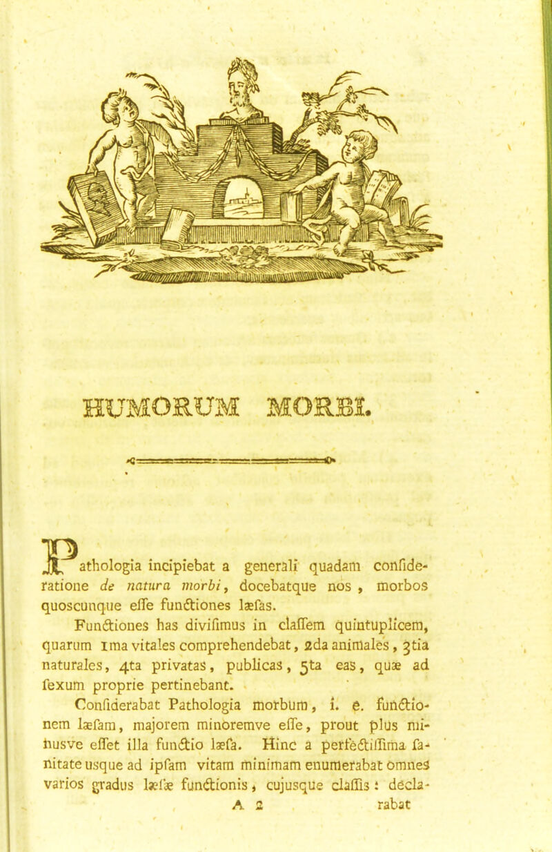 athologia incipiebat a general! quadam confide- ratione de natura morbid docebatque nos , morbos quoscunque efle funftiones lajfas. Funftiones has divifimus in claflem quintuplicem, quarum ima vitales comprehendebat, 2da animales, ^tia naturales, 4ta privatas, publicas, ^ta eas, quae ad fexum proprie perdnebant. • Confiderabat Pathologia morbum, i. e. fundtio- nem Isefara, majorem minoremve elTe, prout plus nii- husve eflet ilia fundio laeCa. Hinc a perfedtiirima fa- nitate usque ad ipfam vitam minimam enumerabat omneS varies gradiis fundionis * cujusque claflis i decla- , A 2 . rabat