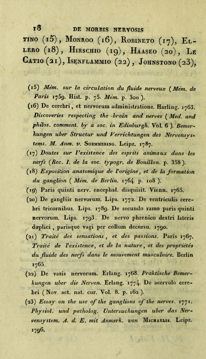 TINO (i5), Monroo (i6), Robineto (17), El- LERO (18), HiRSCHIO (iq), HaASEO (20) , Le Catio (31), Is^;nflammio (22), Johnstono (28), (15) Mem. sur la circulation du fluide nerveux (Afe/n. de Paris i'jSq. Hist. p. ^5. Mem. p. 3oo ). (16) De cerebri, et nervorum administratione. Harling. 1763. Discoveries respecting the brain and nerves (Med. and philos. comment, by a soc. in Edinburgh. Vol. 6 ). Bemer- hungen uber Structur und Verrichtungen des Nervensys^ terns. M. Anm. v. Soemmerimg. Leipz. 1787. (17) Doutes sur Vexistence des esprits animaux dans les nerfs (^Rec. 1. de la soc. typogr. de Bouillon, p. 358). (18) Exposition anatomique de I’origine, et de la formation du ganglion ( Mem. de Berlin. 1764. p- io8 ). (19) Paris quinti nerv. encephal. disquisit. Vienn. 1765. (20) De gangliis nervorum. Lips. 1772. De ventriculis cere- bri tricornibus. Lips. 1789. De secundo ramo paris quinti nervorum. Lips. 1793. De nervo phrenico dextri lateris duplici , parisque vagi per collum decursu. 1790. (21) Traite des sensations , et des passions. Paris 1767. Traite de Vexistence, et de la nature ^ et des proprietes du fluide des nerfs dans le mouvement musculaire, Berlin 1765. (22) De vasis nervorum. Erlang. 1768. Praktische Bcmer- kungen uber die A'erk'en. Erlang. 1774. De accrvulo cere- bri (Nov. act. nat. cur. Vol. 8. p. 162). (23) Essay on the use of the ganglions of the nerves. 1771. Physiol, und patholog. Untersuchungen uber das Ner- vensystem, A. d. E. mit Anmerk. von Micii».ei.is. Leipz.
