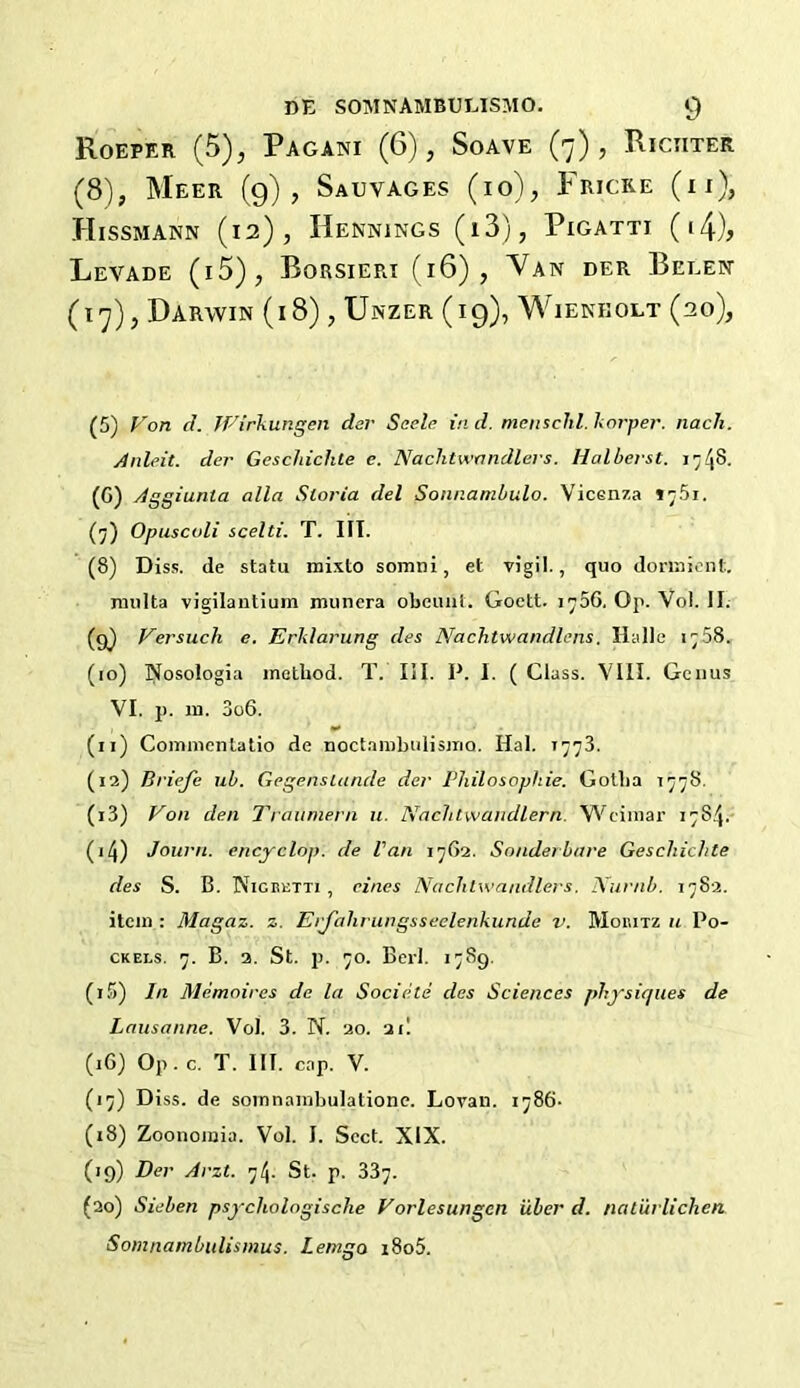 Roeper (5), Pagani (6), Soave (7), Richter (8), Meer (9), Sauvages (10), Fricke (ii), Hissmann (12), Hennings (i3), Pigatti (i4), Levade (i5), Rorsieri (16), Van der Belen (17), Darwin (18), Unzer (19), Wieneolt (20), (5) Von cl. Wirkungen der Scele in d. menschl. korper. nach. Anleit. der Gescliiclite c. Nachtwnndlers. Halberst. i748. (G) Aggiunla alia Sloria del Sonnambulo. Vicenza »^5i. (7) Opuscvli scelti. T. III. (8) Diss. de statu mixto somni, et vigil., quo domrient. ninlta vigilantium munera obeunt. Goett. 1706, Op. Vol. II. (9) Versuch e. Erklarung cles Nachtwandlens. Halle i;58. (10) Nosologia method. T. III. P. I. ( Class. VIII. Genus VI. p. m. 3o6. (11) Commcntatio de noctambulismo. Hal. 1773. (12) Briefe ub. Gegenslanc/e der Philosophic. Gotha 1778. (13) Von den Traunlern u. Nachtwandlern. Weimar 1784. (14) Jourri. encyclop. de Van 17G2. Sonderbare Gescliiclite cles S. B. Nicretti , eines Naclitwandlers. Numb. 1782. item : Magaz. z. ErJ'ahrungsseelenkunde v. Moritz u Po- ckels. 7. B. 2. St. p. 70. Berl. 1789. (15) In Memoires de la Socicke das Sciences physic/ties de Lausanne. Vol. 3. N. 20. 21! (iG) Op. c. T. III. cap. V. (17) Diss. de sovnnambulatione. Lovan. 1786- (18) Zoonomia. Vol. I. Sect. XIX. (19) Der Arzt. 74. St. p. 337. (20) Sieben psychologische Vorlesungen iiber d. naturliclien Somnambulismus. Leingo i8o5.