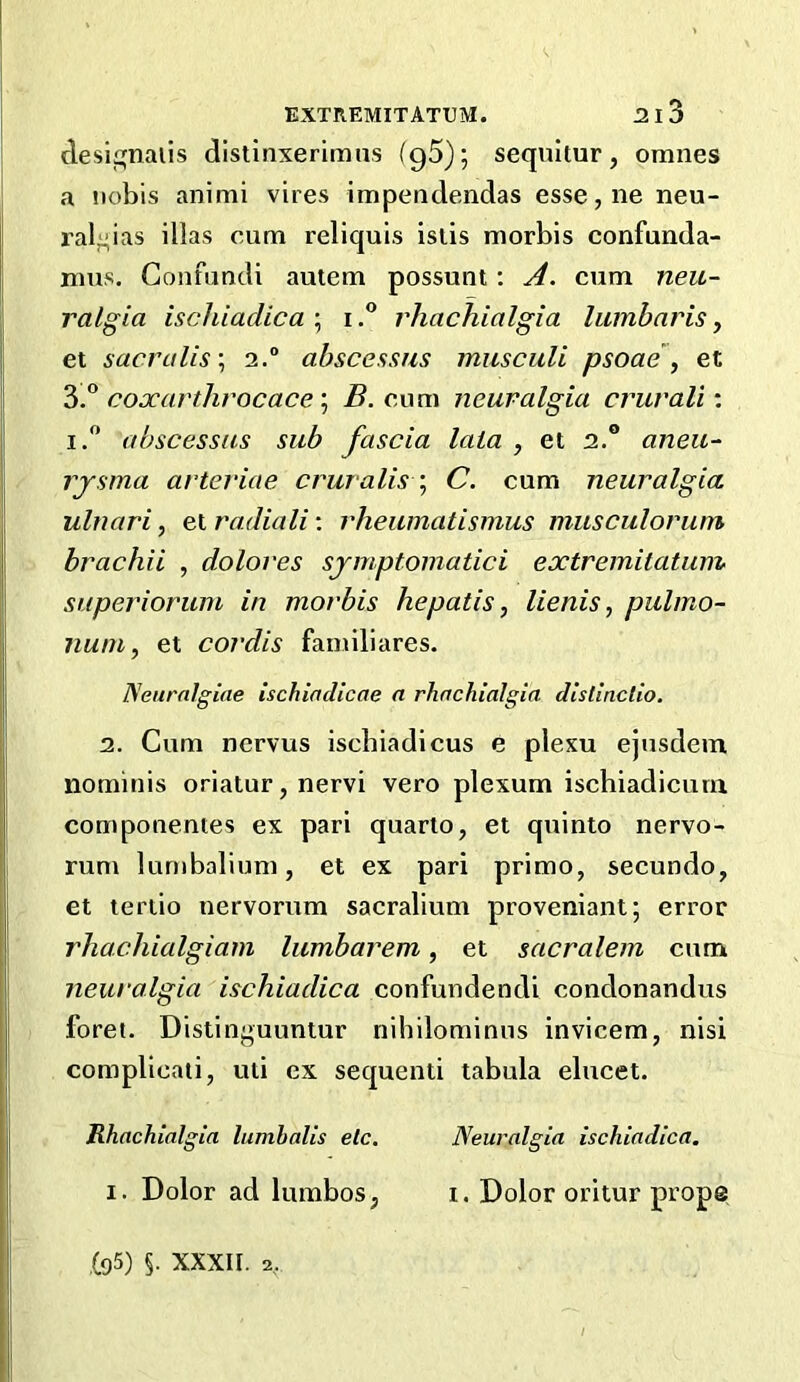 designaiis distinxerimns (g5); seqnitur, omnes a tiobis animi vires impendendas esse,ne neu- I’algias illas cum reliquis islis morbis confunda- nms. Gonfundi autem possum; cum neu- ralgia ischiadica ; irhachialgia liimbaris, et sacralis\ 2.“ abscessus musculi psoae , et coxarthvocace^ cum neuralgia crurali\ I. abscessus sub fascia lata , et 2.® aneu- rjsma arteviae cruralis \ C. cum neuralgia ulnari, et radiali; rheurnatismus musculorum brachii , dolores sjmptomatici extremilatum superiorum in morbis hepatis, lienis, pulmo- num ^ et cordis familiares. Neuralgiae ischiadicae a rhachialgia dislinclio. 2. Cum nervus ischiadicus e plexu ejusdem nominis oriatur, nervi vero plexum ischiadicurn compouentes ex pari quarto, et quinto nervo- rum lurnbalium, et ex pari primo, secundo, et tertio nervorum sacralium proveniant; error rhachialgiam lumbarem, et sacralem cum neuralgia ischiadica confundendi condonandus foret. Distinguuntur nihilominus invicem, nisi complicaii, uti ex sequenti tabula elucet. Rhachialgia lumhalis etc. Neuralgia ischiadica. I. Dolor ad lurabos, i. Dolor oritur prop© .foS) §. XXXII. 2,