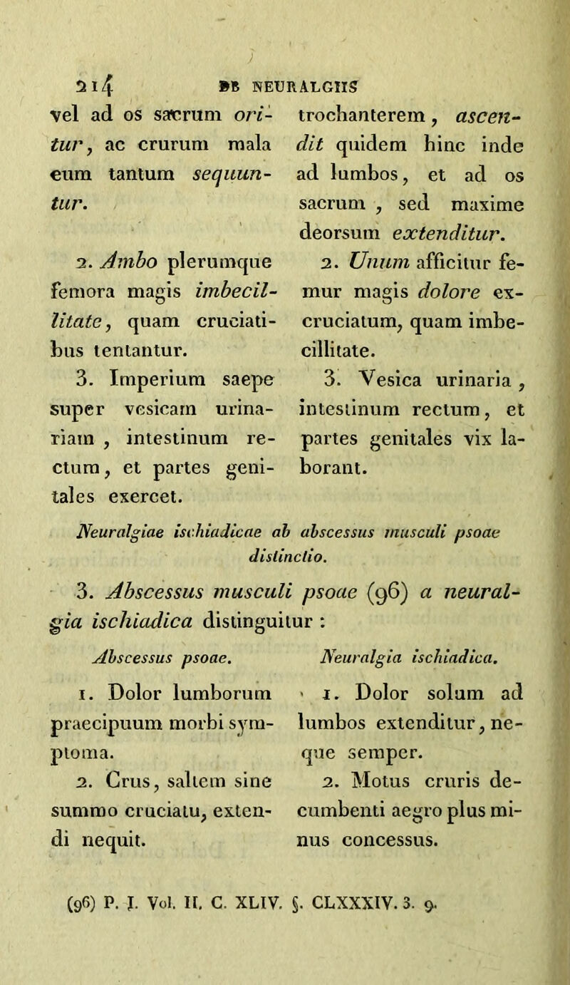 ) !Ji4 NEURALGIIS vel ad OS sacrum ori- tur y ac crurum mala eum tantum sequun- tiir. 2. Ambo plerumque femora magis imbecil- litate, quam cruciati- bus lentantur. 3. Imperium saepe super vesicarn urina- riain , intestinum re- ctum, et partes geni- tales exercet. trochanterem, ascen- dit quidem bine inde ad lumbos, et ad os sacrum , sed maxime deorsum extenditur, 2. Unnm afficitur fe- mur magis dolore ex- cruciatum, quam imbe- cillitate. 3. Vesica urinaria , intesiinum rectum, et partes genitales vix la- bor ant. Neuralgias iscliiadicae ah ahscessus musculi psoae dislinclio. 3. Abscessus musculi psoae (96) a neural- gia ischiadica disiinguiiur : ylhscessus psoae. 1. Dolor lumborum praecipuum morbi sym- ptom a. 2. Crus, saltern sine summo cruciaiu, exten- di nequit. Neuralgia ischiadica. ' 1. Dolor solum ad lumbos extenditur, ne- que semper. 2. Motus cruris de- cumbenti aegro plus mi- nus concessus.