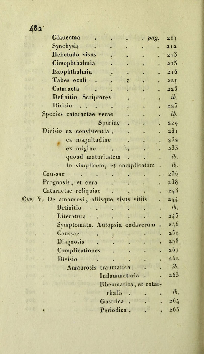 i^82' Glaucoma . pao 211 Syncliysis 212 Hebetudo visus • • 2 I 3 Cirsopbtbalmia 2 I 5 Exophlhalinia 2 I 6 Tabes oculi 22 1 Cataracla 223 Definitio, Scriptores ♦ • ih. Divisio ... 225 Species calaractae verae ih. Spiiriae 229 Divisio cx consislentia . 23 1 ex uiagoiludine f o 23a ex orioine o 233 quoad maturitatem ib. ill simplicem, et coaiplicalam ih. Caussae 236 Prognosis , et cura 2.n Cataractae reliquiae 243 . De amaiirosi , aliisque visus vitiis 244 DeGnitio ib. Literatura 245 Symptoinala. Autopsia cadaverum 246 Caussae 25o Diagnosis 208 Complicationes 261 Divisio 262 Amaurosis Iraumalica ib. Inilaaimatoria . 263 Rbeumalica, et calar- rbalis • « ib. Gastrica • • 264 * Periodica . . • 265