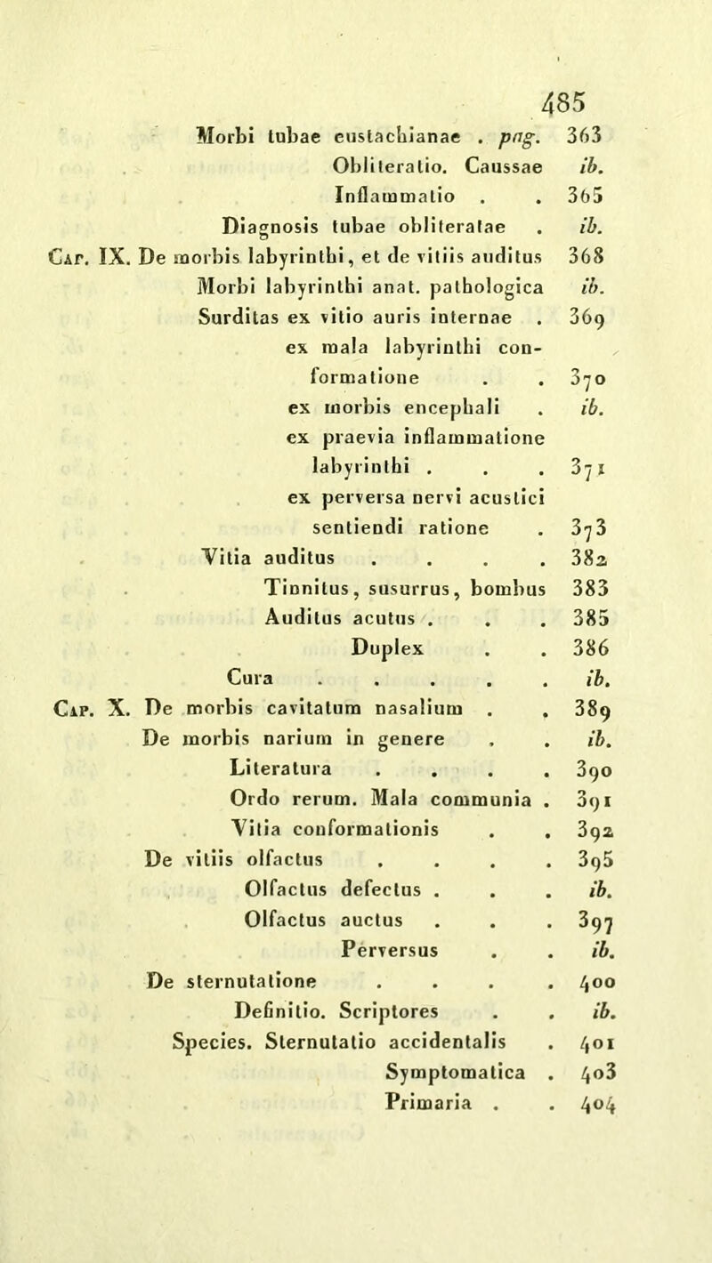 Morbi lubae cuslacbianae . png. Oblileralio. Caussae Inflammatio Diagnosis tubae obliteralae Cat, IX. De morbis labyrinlbi, et de viliis aiiditus Morbi labyrinlbi anal, palhologica Surditas ex ritio auris internae ex mala labyrinlbi con- formalione ex morbis encepbali ex praevia inflammalione labyrinlbi . ex perversa nervi acuslic senliendi ralione Vilia audilus Tinnilus, susurrus, bombu Audilus aculus . Duplex 363 ib. 363 ib. 368 ib. 369 370 ib. 3y3 38a 383 385 386 Cura . , . . . ib. Cap. X. De morbis cavitalum nasalium . , 389 De morbis narium in genere , . ib. Lileratura .... 390 Ordo rerum. Mala communia . 391 Vitia couformalionis . . 392 De viliis olfaclus .... 396 Olfaclus defeclus . . . ib. Olfaclus auclus . . . 397 Perversus . . ib. De sternutalione .... 400 Definilio. Scriptores . . ib. Species. Slernutatio accidenlalis . 401 Symptomalica . 4o3 Primaria . . 4^4