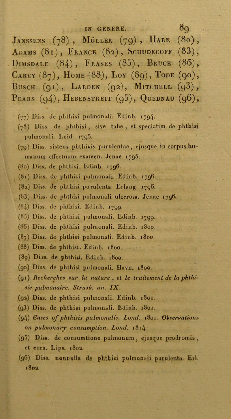 Janssens (78) , Muller (79) , Hare (80) , Adams (81), Franck (82), Schudecoff (83), Dimsdale (84), Frases (85), Bruce (86), Carey (87), Home (88), Loy (89), Tode (90), Busch (91)5 Larden (92), Mitchell (93), Pears (94)? Hebenstreit (95), Quednau (96), x * (77) Diss. de phthisi pulmonali. Edinb. 1794- (78) Diss. de phlhisi , sive tahe , et speciatim de phthisi pulmonali. Lcid. 1795. (79) Diss. sistens phthisis purulentae, ejusque in corpus hu- manum clfcctuum examen. Jcuae 1795. (80) Diss. de phlhisi. Edinb. 1796. (81) Diss. de phlhisi pulmonali Edinb. 1796. (8a) Diss. de phthisi purulenta Erlang 1796. (83; Diss. de phthisi pulmonali ulcerosa. Jenae 179ft (84) Diss. de phthisi. Edinb. 1799. (85) Diss. de phthisi pulmonali. Edinb. 1799. (86) Diss. de phthisi pulmonali. Edinb. 1800 (87) Diss. de phthisi pulmonali. Edinb. 1800 (88) Diss. de phlhisi. Edinb. 1800. (89) Diss. de phthisi. Edinb. 1800. (90) Diss. de phlhisi pulmonali. Havm 1800. (gi) Recherches sur la nature , et le tvaitement de la phthi- sic pulmonaire. Strasb. an. IX. (93) Diss. de phthisi pulmonali. Edinb. 1801. (g3) Diss. de phthisi pulmonali. Edinb. 1801. (g4) Cases of phthisis pulmonalis. Load. 1801. Observations on pulmonary consumption. Lond. 1811\. (9.5) Diss. de consumtione pulinonuin , ejusque prodromis , et cura. Lips. z8oa. (96) Diss. nonuulla de phthisi pulmonali purulenta. Erl 180a.