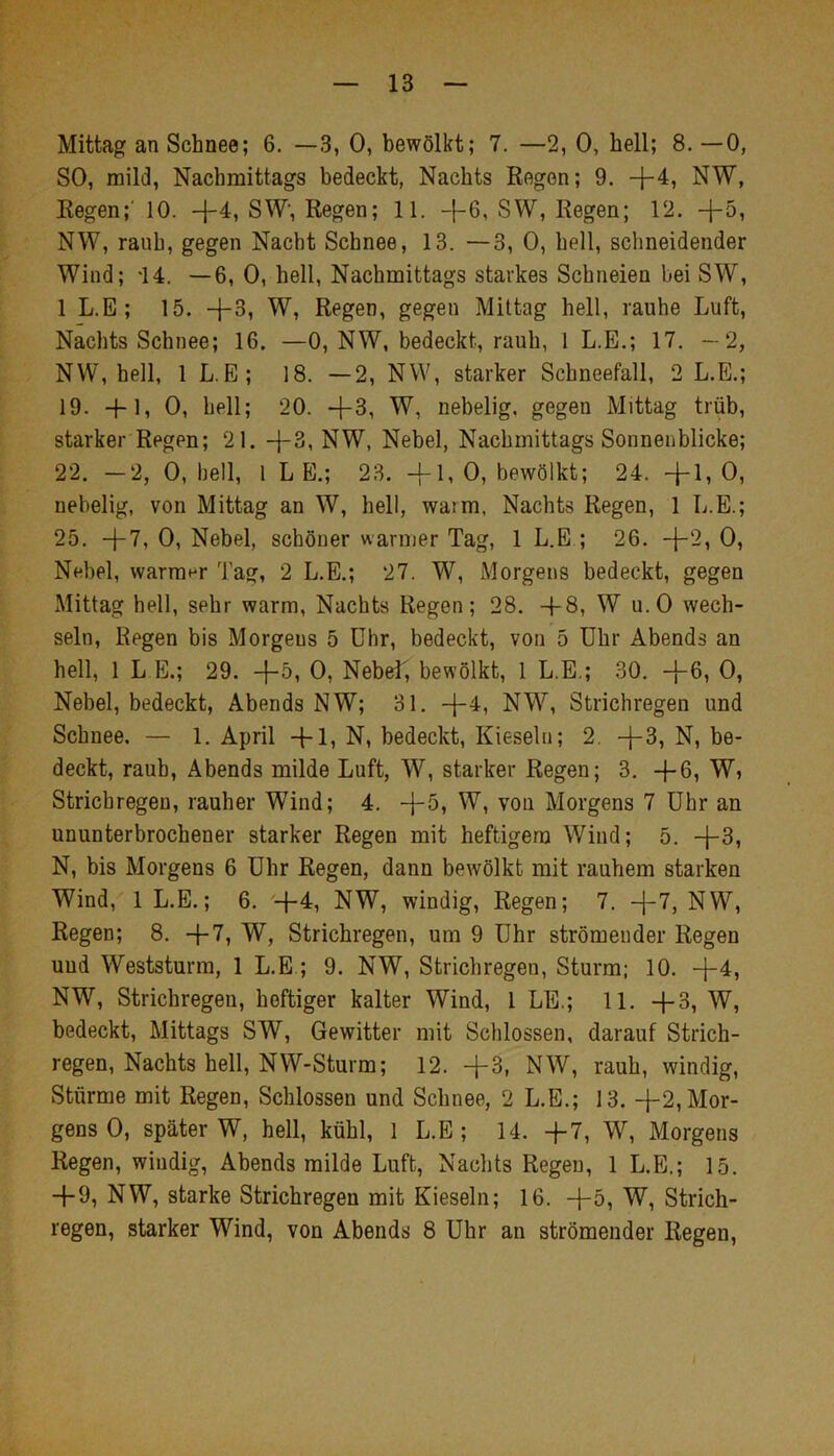 Mittag an Schnee; 6. —3, 0, bewölkt; 7. —2, 0, hell; 8. — 0, SO, mild, Nachmittags bedeckt, Nachts Eegen; 9. +4, NW, Kegen;' 10. -j-4, SW’, Regen; 11. -}-6, SW, Regen; 12. NW, rauh, gegen Nacht Schnee, 13. —3, 0, hell, schneidender Wind; 14. —6, 0, hell, Nachmittags starkes Schneien bei SW, 1 L.E; 15. +3, W, Regen, gegen Mittag hell, rauhe Luft, Nachts Schnee; 16. —0, NW, bedeckt, rauh, 1 L.E.; 17. —2, NW, hell, 1 L.E; 18. —2, NW, starker Schneefall, 2 L.E.; 19. +1, 0, hell; 20. +3, W, nebelig, gegen Mittag trüb, starker'Regen; 21. +3, NW, Nebel, Nachmittags Sonnenblicke; 22. —2, 0, bell, 1 L B.; 23. -fl, 0, bewölkt; 24. -fl, 0, nebelig, von Mittag an W, hell, warm. Nachts Regen, 1 L.E.; 25. -f 7, 0, Nebel, schöner warmer Tag, 1 L.E ; 26. -f 2, 0, Nebel, warmer Tag, 2 L.E.; 27. W, Morgens bedeckt, gegen Mittag hell, sehr warm. Nachts Regen; 28. -f8, W u.O wech- seln, Regen bis Morgens 5 Uhr, bedeckt, von 5 Uhr Abends an hell, 1 L E.; 29. -f 5, 0, Nebef, bewölkt, 1 L.E.; 30. -f 6, 0, Nebel, bedeckt, Abends NW; 31. -f4, NW, Strichregen und Schnee. — 1. April -f 1, N, bedeckt, Kieseln; 2. -f3, N, be- deckt, raub, Abends milde Luft, W, starker Regen; 3. -f 6, W, Strichregen, rauher Wind; 4. -f 5, W, von Morgens 7 Uhr an ununterbrochener starker Regen mit heftigem Wind; 5. -f3, N, bis Morgens 6 Uhr Regen, dann bewölkt mit rauhem starken Wind, 1 L.E.; 6. -f4, NW, windig, Regen; 7. -1-7, NW, Regen; 8. -f 7, W, Strichregen, um 9 Uhr strömender Regen und Weststurm, 1 L.E ; 9. NW, Strichregen, Sturm; 10. -f4, NW, Strichregen, heftiger kalter Wind, 1 LE.; 11. -f3, W, bedeckt. Mittags SW, Gewitter mit Schlossen, darauf Strich- regen, Nachts hell, NW-Sturm; 12. -f3, NW, rauh, windig, Stürme mit Regen, Schlossen und Schnee, 2 L.E.; 13. -f2, Mor- gens 0, später W, hell, kühl, 1 L.E; 14. -f7, W, Morgens Regen, windig, Abends milde Luft, Nachts Regen, 1 L.E.; 15. -f 9, NW, starke Strichregen mit Kieseln; 16. -f5, W, Strich- regen, starker Wind, von Abends 8 Uhr an strömender Regen,