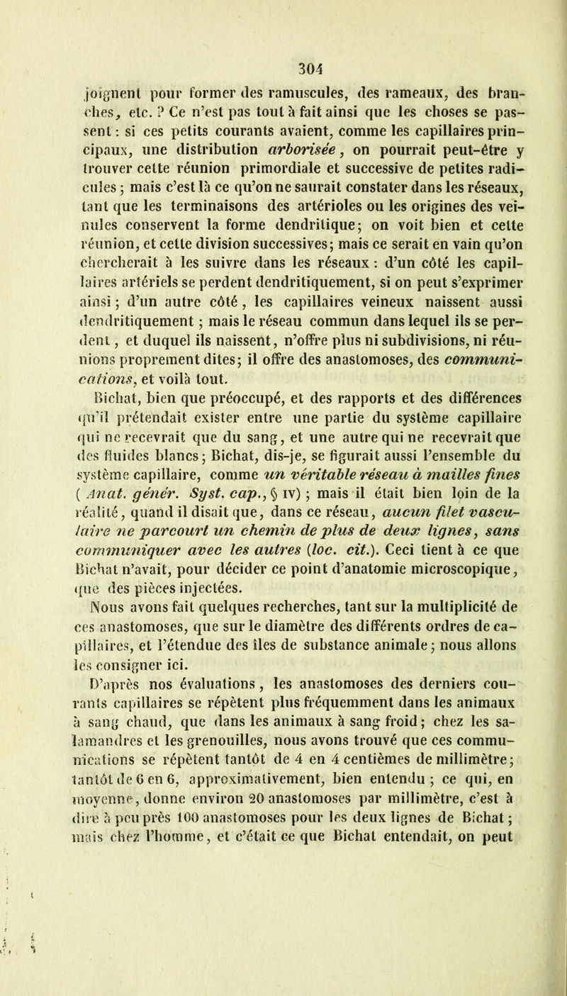 Joignent pour former des ramuscules, des rameaux, des bran- ches, etc. ? Ce n’est pas tout à fait ainsi que les choses se pas- sent: si ces petits courants avaient, comme les capillaires prin- cipaux, une distribution arborüée, on pourrait peut-être y trouver cette réunion primordiale et successive de petites radi- cules ; mais c’est là ce qu’on ne saurait constater dans les réseaux, tant que les terminaisons des artérioles ou les origines des vei- nules conservent la forme dendritique; on voit bien et cette réunion, et celte division successives; mais ce serait en vain qu’on chercherait à les suivre dans les réseaux : d’un côté les capil- laires artériels se perdent dendritiquement, si on peut s’exprimer ainsi ; d’un autre côté, les capillaires veineux naissent aussi dendritiquement ; mais le réseau commun dans lequel ils se per- dent , et duquel ils naissent, n’offre plus ni subdivisions, ni réu- nions proprement dites; il offre des anastomoses, des communia cations J et voilà tout. Bichat, bien que préoccupé, et des rapports et des différences qu’il prétendait exister entre une partie du système capillaire qui ne recevrait que du sang, et une autre qui ne recevrait que des fluides blancs; Bichat, dis-je, se figurait aussi l’ensemble du système capillaire, comme U7i véritable réseau à mailles fines ( Anat, génér. Syst, cap.,^ iv) ; mais il était bien loin de la réalité, quand il disait que, dans ce réseau, aucun filet vascu- laire ne parcourt un chemin de plus de deuoo lignes, sans communiquer avec les autres {loc. cit.). Ceci tient à ce que Bichat n’avait, pour décider ce point d’anatomie microscopique, (|iie des pièces injectées. Nous avons fait quelques recherches, tant sur la multiplicité de ces anastomoses, que sur le diamètre des différents ordres de ca- pillaires, et l’étendue des îles de substance animale; nous allons les consigner ici. D’après nos évaluations, les anastomoses des derniers cou- rants capillaires se répètent plus fréquemment dans les animaux à sang chaud, que dans les animaux à sang froid ; chez les sa- lamandres et les grenouilles, nous avons trouvé que ces commu- nicaüoiis se répètent tantôt de 4 en 4 centièmes de millimètre; tantôt de 0 en 6, approximativement, bien entendu; ce qui, en rrioyenne, donne environ 20 anastomoses par millimètre, c’est à dire à peu près 100 anastomoses pour les deux lignes de Bichat ; mais chez l’homme, et c’était ce que Bichat entendait, on peut