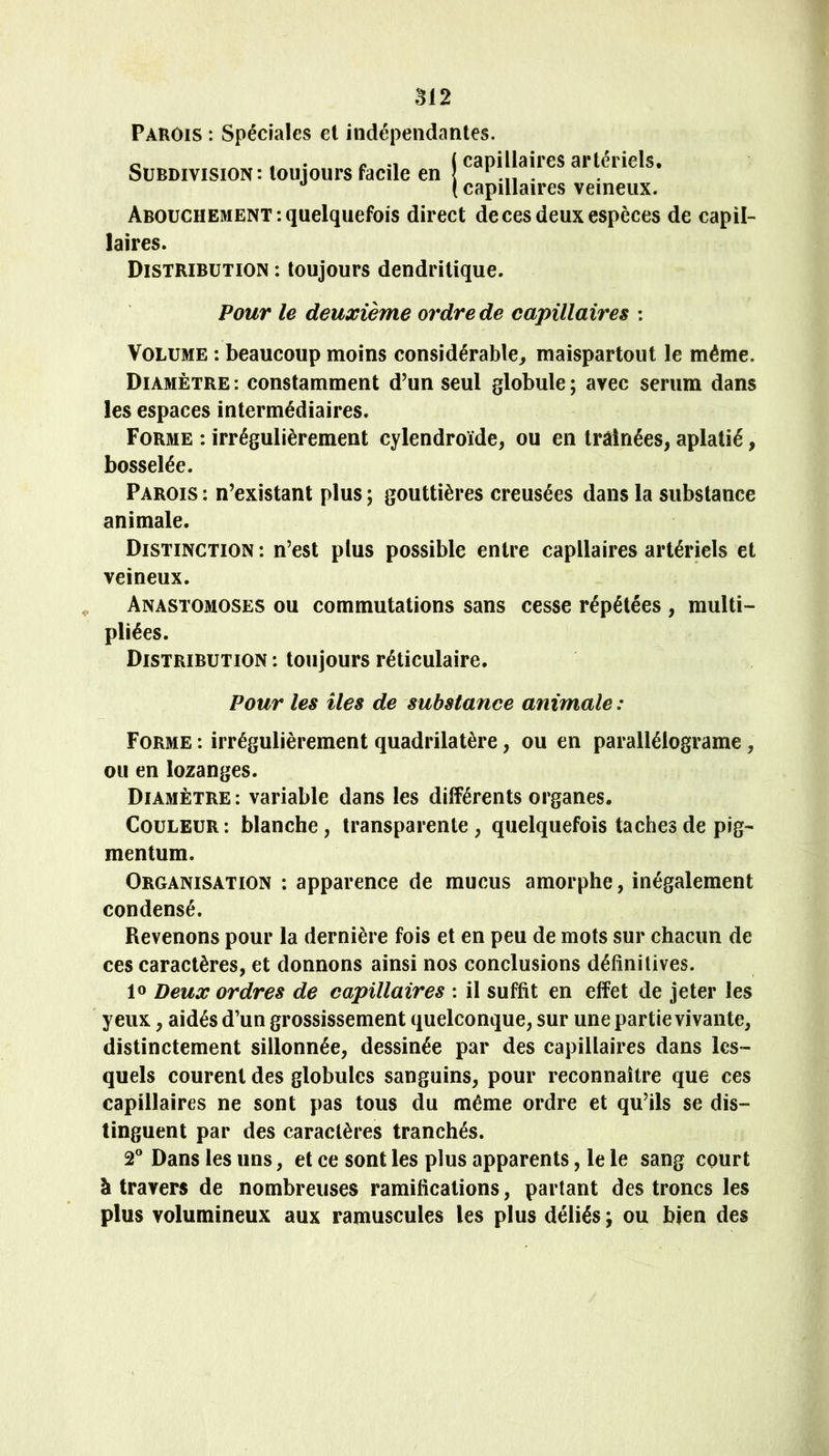 M2 Parois : Spéciales et indépendantes. O . • i? -1 1 capillaires artériels. Subdivision: touiours facile en { * . ** ( capillaires veineux. Abouchement: quelquefois direct de ces deux espèces de capil- laires. Distribution : toujours dendritique. Pour le deuxième ordre de capillaires : Volume : beaucoup moins considérable^ maispartout le même. Diamètre : constamment d’un seul globule ; avec sérum dans les espaces intermédiaires. Forme : irrégulièrement cylendroïde, ou en traînées, aplatié, bosselée. Parois *. n’existant plus ; gouttières creusées dans la substance animale. Distinction: n’est plus possible entre capllaires artériels et veineux. Anastomoses ou commutations sans cesse répétées , multi- pliées. Distribution : toujours réticulaire. Pour les lies de substance animale : Forme : irrégulièrement quadrilatère, ou en parallélograme, ou en lozanges. Diamètre: variable dans les différents organes. Couleur: blanche, transparente, quelquefois taches de pig- mentum. Organisation : apparence de mucus amorphe, inégalement condensé. Revenons pour la dernière fois et en peu de mots sur chacun de ces caractères, et donnons ainsi nos conclusions définitives. 10 Deux ordres de capillaires : il suffit en effet de jeter les yeux, aidés d’un grossissement quelconque, sur une partie vivante, distinctement sillonnée, dessinée par des capillaires dans les- quels courent des globules sanguins, pour reconnaître que ces capillaires ne sont pas tous du même ordre et qu’ils se dis- tinguent par des caractères tranchés. 2° Dans les uns, et ce sont les plus apparents, le le sang court à travers de nombreuses ramifications, partant des troncs les plus volumineux aux ramuscules les plus déliés ; ou bien des