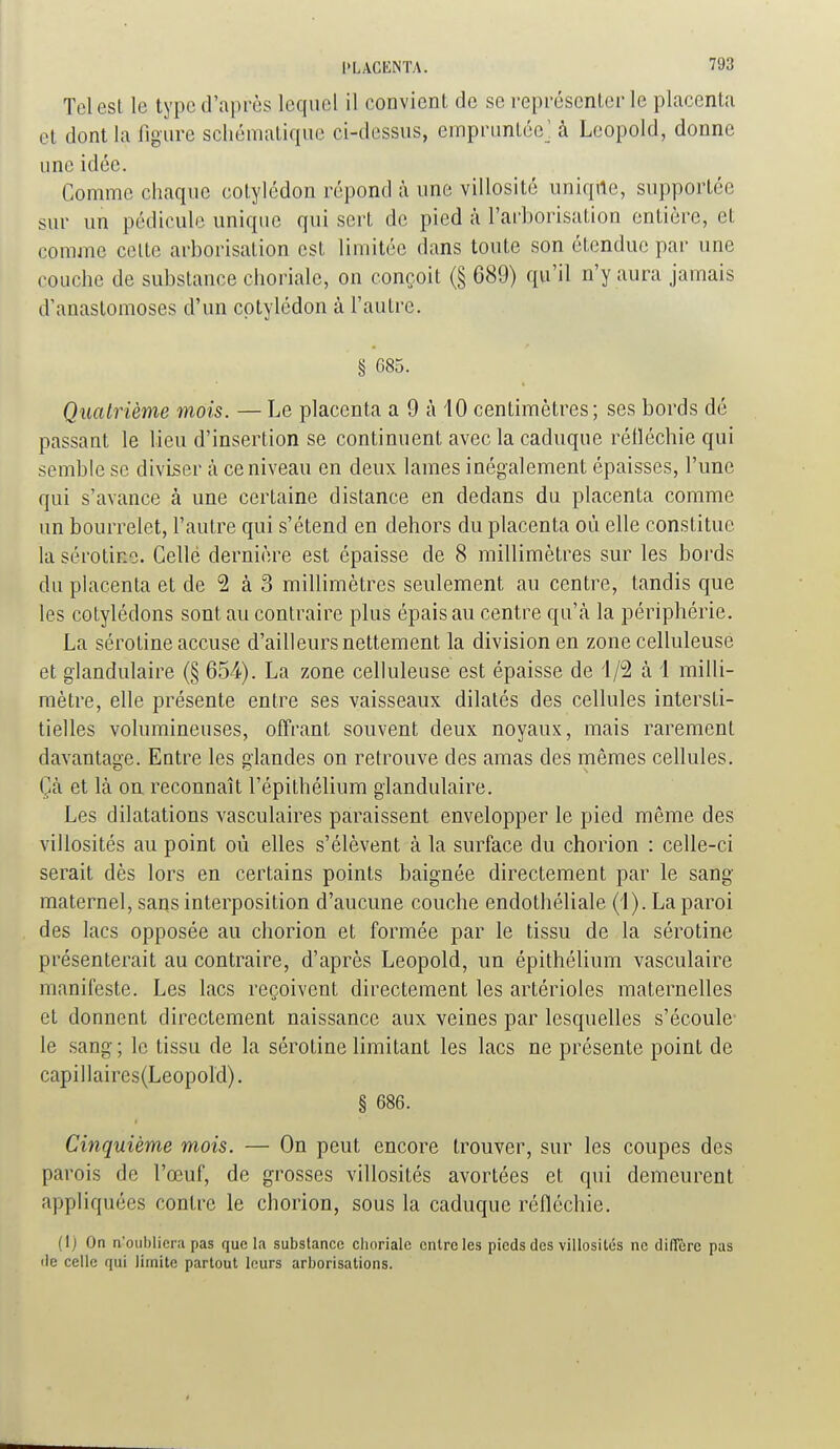 Tel est le type d'après lequel il convient de se représenter le placenta et dont la figure schématique ci-dessus, empruntée^ à Leopold, donne une idée. Comme chaque cotylédon répond à une villosité uniqile, supportée sur un pédicule unique qui sert de pied à l'arborisation entière, et comme celte arborisation est limitée dans toute son étendue par une couche de substance choriale, on conçoit (§ 689) qu'il n'y aura jamais d'anastomoses d'un cotylédon à l'autre. § 685. Quatrième mois. — Le placenta a 9 à 10 centimètres; ses bords dé passant le lieu d'insertion se continuent avec la caduque réfléchie qui semble se diviser à ce niveau en deux lames inégalement épaisses, l'une qui s'avance à une certaine distance en dedans du placenta comme un bourrelet, l'autre qui s'étend en dehors du placenta où elle constitue la sérotine. Celle dernière est épaisse de 8 millimètres sur les bords du placenta et de 2 à 3 millimètres seulement au centre, tandis que les cotylédons sont au contraire plus épais au centre qu'à la périphérie. La sérotine accuse d'ailleurs nettement la division en zone celluleuse et glandulaire (§ 654). La zone celluleuse est épaisse de 1/2 à 1 milli- mètre, elle présente entre ses vaisseaux dilatés des cellules intersti- tielles volumineuses, offrant souvent deux noyaux, mais rarement davantage. Entre les glandes on retrouve des amas des mêmes cellules. Çà et là oa reconnaît l'épithélium glandulaire. Les dilatations vasculaires paraissent envelopper le pied même des villosités au point où elles s'élèvent à la surface du chorion : celle-ci serait dès lors en certains points baignée directement par le sang maternel, sans interposition d'aucune couche endothéliale (1). La paroi des lacs opposée au chorion et formée par le tissu de la sérotine présenterait au contraire, d'après Leopold, un épithélium vasculaire manifeste. Les lacs reçoivent directement les artérioles maternelles et donnent directement naissance aux veines par lesquelles s'écoule le sang ; le tissu de la sérotine limitant les lacs ne présente point de capillaires(Leopord). § 686. Cinquième mois. — On peut encore trouver, sur les coupes des parois de l'œuf, de grosses villosités avortées et qui demeurent appliquées contre le chorion, sous la caduque réfléchie. (I) On n'oubliera pas qucla substance choriale entre les pieds des villosités ne dilîèrc pas lie celle qui limite partout leurs arborisations.