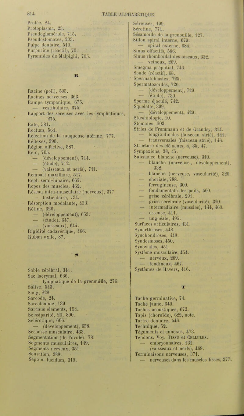 Protéc, 2-i. Protoplasma, 21). Pscudoglomcrulc, 71.'j. Pscu(l()stom;il('s, 203. Pulpe dentaire, 510. Purpurine (réactif), .70. Pyramides de Malpiglii, 705. Il Racine (poil), 505. Racines nerveuses, 3G3. Rampe lympaniqiie, 675. — vestibulaire, 675. Rapport des séreuses avec les lymphatiques, 275. Rate, 581. Rectum, 564. Réfection de la muqueuse utérine, 777. Rénexes, 390. Région olfactive, 587. Rein, 705. — (développement), 714. — (étude), 712. — (vaisseaux et nerfs), 711. Rempart maxillaire, 517. Repli semi-lunaire, 662. Repos des muscles, 462. Réseau intra-musculaire (nerveux), 377. — testiculaire, 734. Résorption modelante, 433. Rétine, 626. — (développement), 653. — (étude), 647. — (vaisseaux), 644. Rigidité cadavérique, 466. Ruban axile, 87. Sable cérébral, 341. Sac lacrymal, 666. — lymphatique de la grenouille, 276. Salive, 543. Sang, 228. Sarcodc, 24. Sarcolemme, 139. Sarcous éléments, 154. Scissiparité, 20, 800. Sclérotique, 606. — (développement), 658. Secousse musculaire, 463. Segmentation (de l'ovule), 78. Segments musculaires, 149. Segments nerveux, 351. Sensation, 388. Septuni lucidum, 319. Séreuses, 199. Sérotine, 771. Sésamoïde de la grenouille, 127. Sillon spiral interne, 679. — spiral externe, 684. Sinus olfactifs, 586. Sinus rliomboïdal des oiseaux, 332. — veineux, 269. Smegma préputial, 746. Soude (réactif), 68. Spermatoblastes, 725. Spermatozoïdes, 726. — (développement), 729. — (étude), 730. Sperme éjaculé, 742. Squelette, 399. — (développement), 429. StocGhiologie, 10. Stomates, 203. Stries de Frommann et de Grandry, 314. — longitudinales (faisceau strié), 141. — transversales (faisceau strié), 146. Structure des éléments, 4, 35, 47. Synipexions, 38, 45. Substance blanche (nerveuse), 310. — blanche (nerveuse, développement), 332. — blanche (nerveuse, vascularité), 320. — choriale, 788. — ferrugineuse, 300. — fondamentale des poils, 500. — grise cérébrale, 291. — grise cérébrale (vascularité), 320. — intermédiaire (muscles), 144, 460. — osseuse, 411. — unguéalc, 495. Surfaces articulaires, 431. Synartliroses, 448. Synchondroses, 448. Syndesmoses, 450. Synoviales, 451. Système musculaire, 454. — nerveux, 289. — tendineux, 467. Systèmes de Havers, 416. T Tache germinative, 74. Tache jaune, 640. Taches acoustiques, 672. Tapis (choroïde), 622, note. Tartre dentaire, 54.6. Technique, 52. Téguments et annexes, 473. Tendons. Voy. Tissu et Cellules. — embryonnaires, 131. — (vaisseaux et nerfs), 469. Terminaisons nerveuses, 371. — nerveuses dans les muscles lisses, 377.
