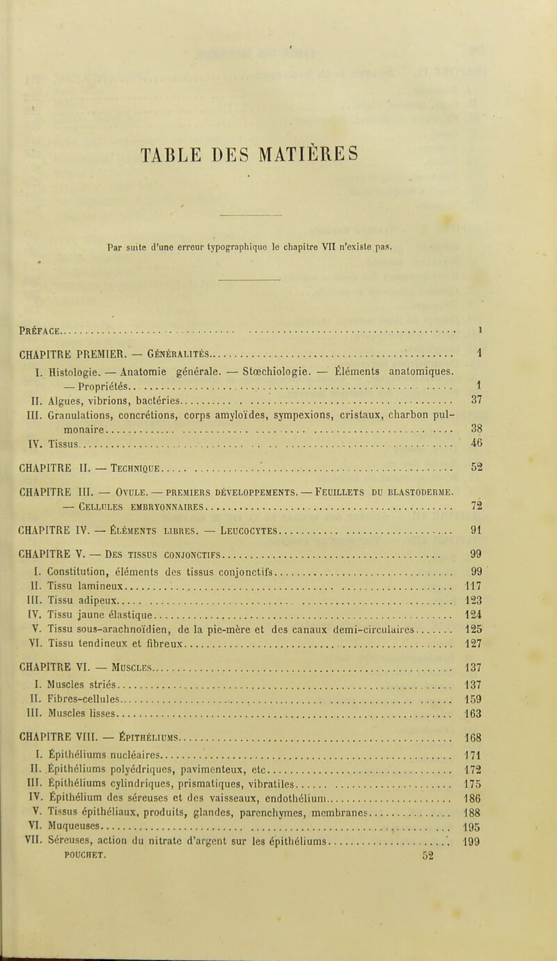 TABLE DES MATIÈRES Par suite d'une erreur typographique le chapitre VU n'existe pas. Préface i CHAPITRli PPiEMIER. — Généralités : 1 I. Histologie. — Anatomie générale. — Stœchiologie. — Éléments an atomiques. — Propriétés 1 II. Algues, vibrions, bactéries 37 III. Granulations, concrétions, corps amyloïdes, sympexions, cristaux, charbon pul- monaire 38 IV. Tissus 46 CHAPITRE II. — Technique ' 52 CHAPITRE III. — Ovule. — PREMIERS DÉVELOPPEMENTS. — Feuillets du blastoderme. — Cellules embryonnaires 72 CHAPITRE IV. — Éléments libres. — Leucocytes 91 CHAPITRE V. — Des tissus conjonctifs 99 I. Constitution, éléments des tissus conjonctifs 99 II. Tissu lamineux 117 III. Tissu adipeux 123 IV. Tissu jaune élastique 124 V. Tissu sous-arachnoïdien, de la pie-mère et des canaux demi-circulaires 125 VI. Tissu tendineux et fibreux 127 CHAPITRE VI. — Muscles 137 I. Muscles striés 137 II. Fibres-cellules 159 III. Muscles lisses 163 CHAPITRE VIII. — ÉPITHÉLIUMS 168 I. Épithéliums nucléaires 171 II. Épithéliums polyédriques, pavimenteux, ctc 172 III. Épithéliums cylindriques, prismatiques, vibratiles 175 IV. Épithélium des séreuses et des vaisseaux, endothélium 186 V. Tissus épithéliaux, produits, glandes, parenchymes, membranes 188 VI. Muqueuses 195 VU. Séreuses, action du nitrate d'argent sur les épithéliums 199 POUCHET. 52