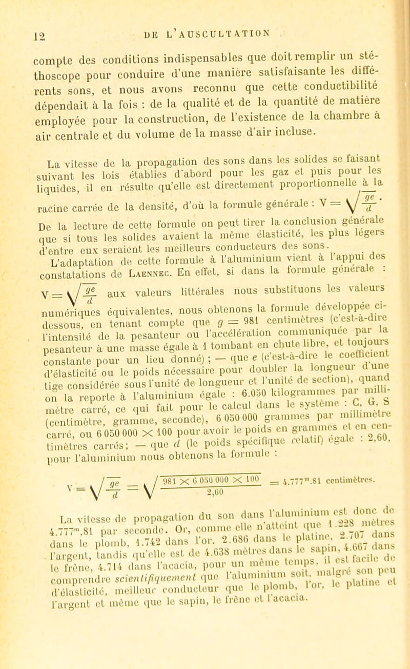 compte des conditions indispensables que doit remplir un sté- thoscope pour conduire d’une manière satisfaisante les diffé- rents sons, et nous avons reconnu que cette conductibilité dépendait à la fois ; de la qualité et de la quantité de matière employée pour la construction, de l'existence de la chambre à air centrale et du volume de la masse d’air incluse. La vitesse de la propagation des sons dans les solides se faisant suivant les lois établies d'abord pour les gaz et puis pour les liquides, il en résulte quelle est directement proportionnelle ^a racine carrée de la densité, d’où la formule générale . V ^ Do la lecture de cette formule on peut tirer la conclusion generale que si tous les solides avaient la même élasticité, les plus légers d’entre eux seraient les meilleurs conducteurs des sons. L’adaptation de cette formule à l’aluminium vient a 1 appui des constata^ns de Laennec. En effet, si dans la formule generale : V = Vaux valeurs littérales nous substituons les valeurs numériques équivalentes, nous obtenons la formule développée ci- rïïous! en toml complo que g = 981 ccnUmiMres (cesl-.y.ro l’intensité de la pesanteur ou l’accélération pesanteur à une masse égale à 1 tombant e;\chute libre et to^oms constante pour un lieu donné) ; - que e f d’élasticité ou le poids nécessaire pour doubler la d ^ lige considérée sous l'unité de longueur et 1 unité de section) qmnd on la reporte à l’aluminium égale : 6.050 kilogrammes pa. mûh- mètre carré ce qui fait pour le calcul dans le système : G, G, b (centimètre,’gramme, seconde), 6 050 000 grammes par >»dlimetm carre, ou 6 050 000 X 100 pour avoir le poids en timètres carrés; - que d (le poids spécifique relatil) cgdk . -,b0. pour raluiiiinium nous obtenons la formu e . IJ81 X 0 OSU 000 X tUb _ .1.777'.81 ccnliintlrc?. 2,li0 .l'élaslicilé, meilleur conducteur .pie le plomb, loi, le pidi.ne l’argent et même que le sapin, le Irène cl I acacia.