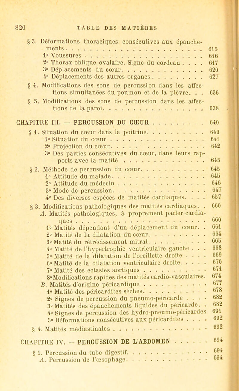 § 3. Déformations thoraciques consécutives aux épanche- ments 615 1“ Voussures 616 2“ Thorax oblique ovalaire. Signe du cordeau .... 617 3» Déplacements du cœur 620 4“ Déplacements des autres organes 627 § 4. Modifications des sons de percussion dans les affec- tions simultanées du poumon et de la plèvre. . . 636 § 5. Modifications des sons de percussion dans les affec- tions de la paroi 638 CHAPITRE III. — PERCUSSION DU CŒUR 640 § 1. Situation du cœur dans la poitrine 640 1“ Situation du cœur 641 2“ Projection du cœur 642 3» Des parties consécutives du cœur, dans leurs rap- ports avec la matité 645 § 2. Méthode de percussion du cœur 645 1» Attitude du malade 645 2“ Attitude du médecin 646 3“ Mode de percussion 647 4“ Des diverses espèces de matités cardiaques. . . . 657 § 3. Modifications pathologiques des matités cardiaques. . 660 A. Matités pathologiques, à proprement parler cardia- ques 660 1“ Matités dépendant d’un déplacement du cœur. . 661 2“ Matité de la dilatation du cœur 664 3» Matité du rétrécissement milral 665 4» Matité de l’hypertrophie ventriculaire gauche . . . 668 5“ Matité de la dilatation de l’oreillette droite .... 669 6» Matité de la dilatation ventriculaire droite 670 7“ Matité des ectasies aortiques 671 8“Modifications rapides des matités cardio-vasculaires. 674 B. Matités d’oi’igine péricardique 677 1» Matité des péricardites sèches 678 2“ Signes de percussion du pncumo-péricarde .... 682 3“ Matités des épanchements liquides du péricarde. . 682 4» Signes de percussion des hydro-pneumo-péricardes 691 5“ Déformations consécutives aux péricardites .... 692 § 4. Matités médiastinales 692 CHAPITRE IV. — PERCUSSION DE L'ABDOMEN 694 § 1. Percussion du tube digestif 694 A. Percussion de l’œsophage 694