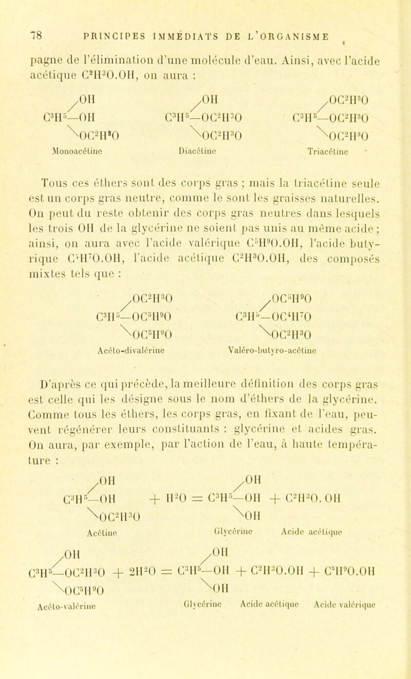 pagne de l’élimination d’une molécule d’eau. Ainsi, avec l'acide acétique C*H3O.OH, on aura : .OH C3H5—OH XOC2HsO Mouoacétine y OH c3hs—oc2njo X0C2H30 Diacélinc ^0C2H30 C3HB—0C2H30 XxOC2HaO Trlacétinc Tous ces éthers sont des corps gras ; mais la triacétine seule est un corps gras neutre, comme le sont les graisses naturelles. On peut du reste obtenir des corps gras neutres dans lesquels les trois OH de la glycérine ne soient pas unis au même acide ; ainsi, on aura avec l'acide valérique CBH9O.OH, l’acide buty- rique CvH70.0H, l’acide acétique G2H3O.OH, des composés mixtes Lels que : .0C2H30 C3HB—0CBH90 X0CBH90 Acélo-divalérine //0C5H90 G3H“—0C4H70 N)C2H30 Valéro-butyro-acétinc D’après ce qui précède, la meilleure définition des corps gras est celle qui les désigne sous le nom d’éthers de la glycérine. Comme tous les éthers, les corps gras, en fixant de l’eau, peu- vent régénérer leurs constituants : glycérine et acides gras. On aura, par exemple, par l’action de l'eau, à haute tempéra- ture : .OH y OH C3HB—OH + H20 = C3HB—OH + C2H3O.OH \0C2H30 XOH Acétine Glycérine Acide acétique /oh /OH C3HS—0G21I30 + 2H20 - GaH‘—OH + C2H3O.OH + C5H9O.OH \0G3H90 X01I Acélo-valérine Glycérine Acide acétique Acide valérique
