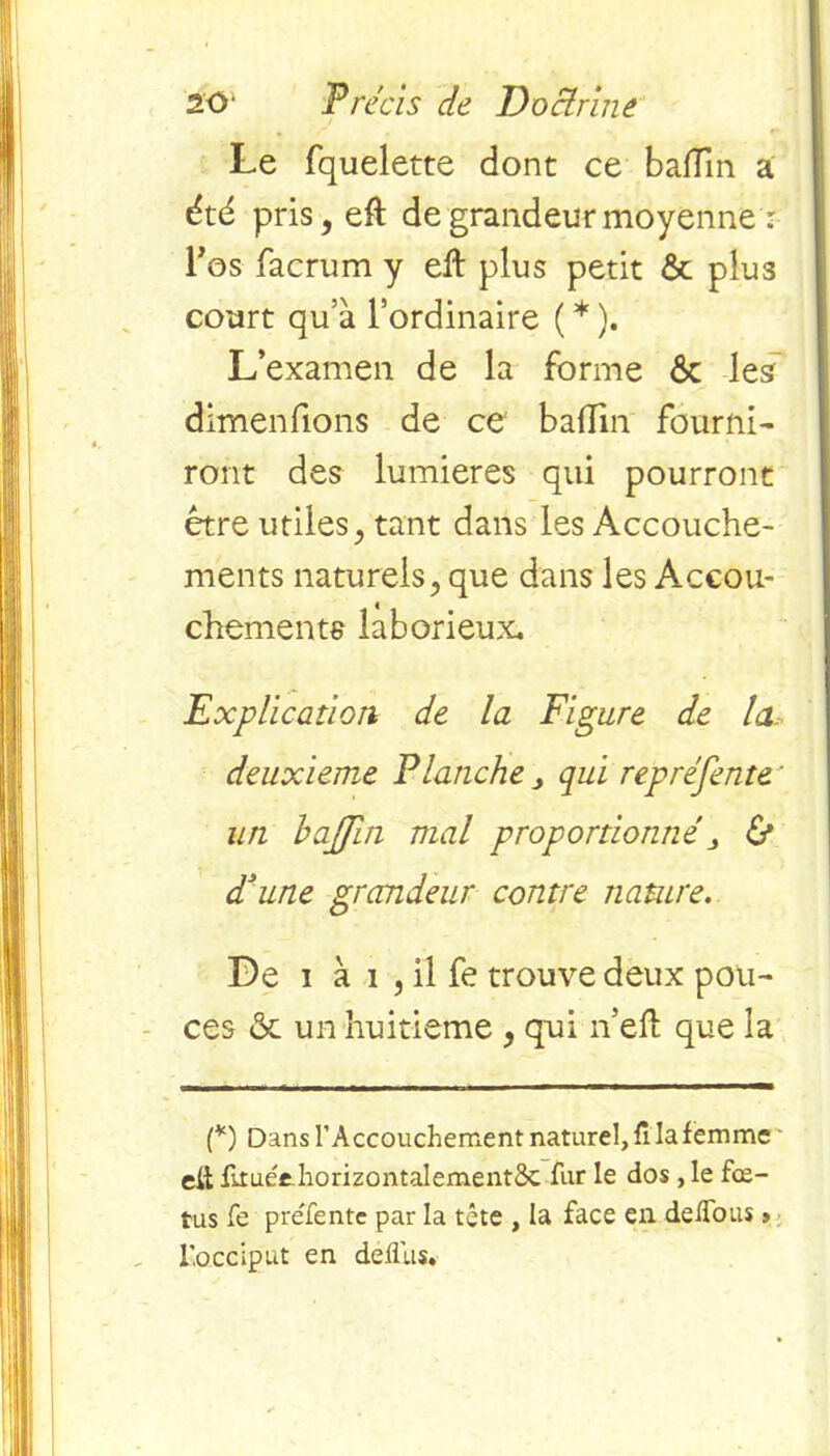 Le fquelette dont ce badin a été pris, eft de grandeur moyenne : l’os facrum y eft plus petit & plus court qu a l’ordinaire ( * ). L’examen de la forme ôc les dimenfions de ce badin fourni- ront des lumières qui pourront être utiles, tant dans les Accouche- ments naturels, que dans les Accou- chements laborieux. Explication de la Figure de la deuxieme Planche qui repréfente ' un haffui mal proportionnéj 6* d'une grandeur contre nature. De i à i , il fe trouve deux pou- ces ôt un huitième , qui n eft que la (*) Dans l’Accouchement naturel, fi Iafemmc eit fitue'ehorizontalementSc fur le dos, le fœ- tus fe pre'fente par la tête , la face en deifous > l’occiput en deflus.